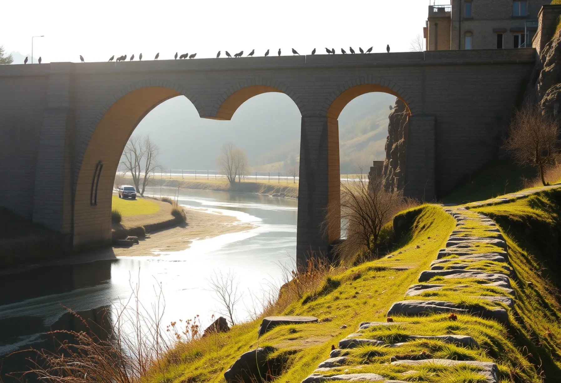 Steinviadukt in der Toskana: Herbstliche Morgenstimmung mit ungenutztem Schienenstrang und Zypressenhügeln im Hintergrund