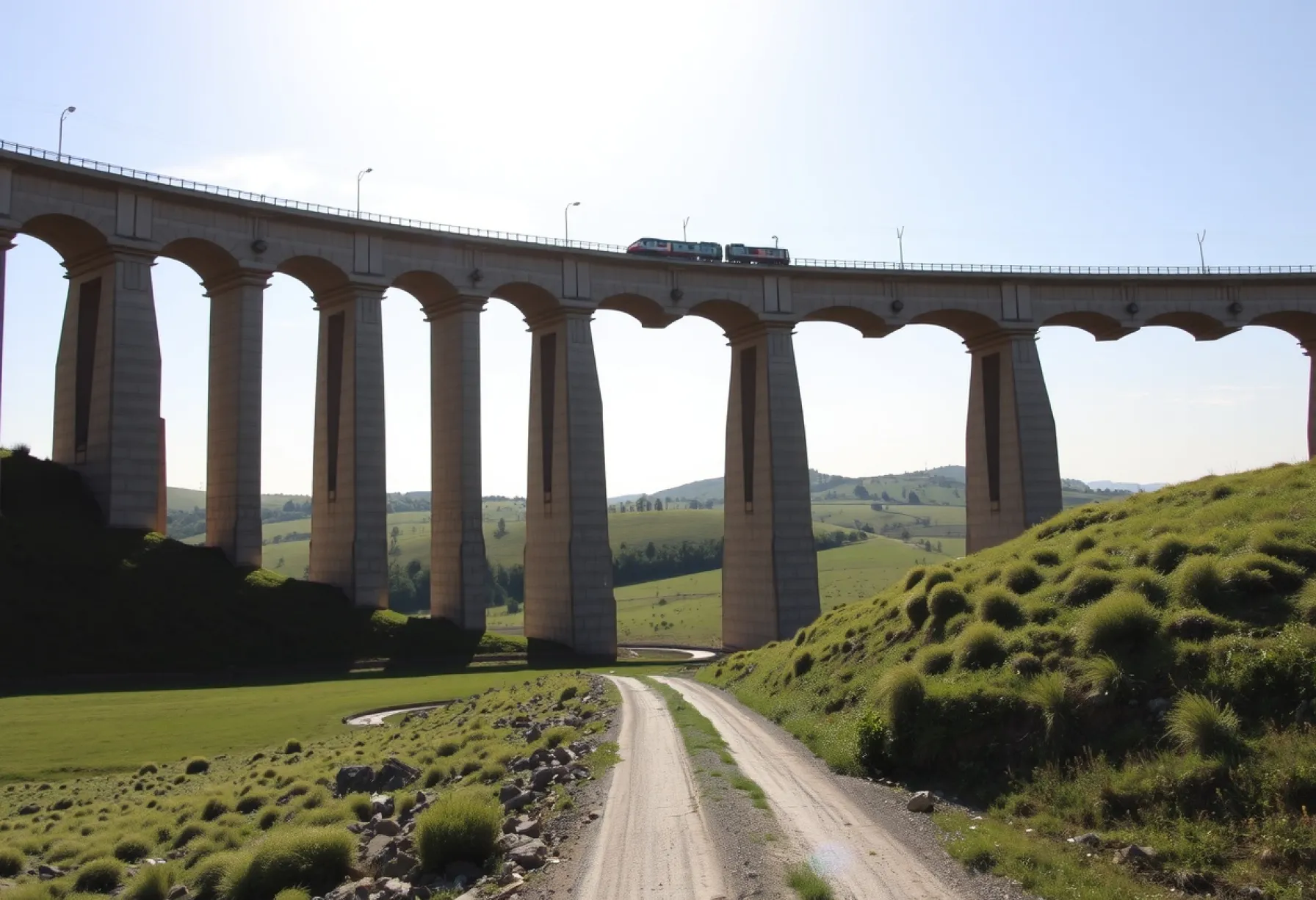 Viadukt aus dem 19. Jahrhundert in Castilla-La Mancha: Steinbögen, Symmetrie und Landschaftsansicht