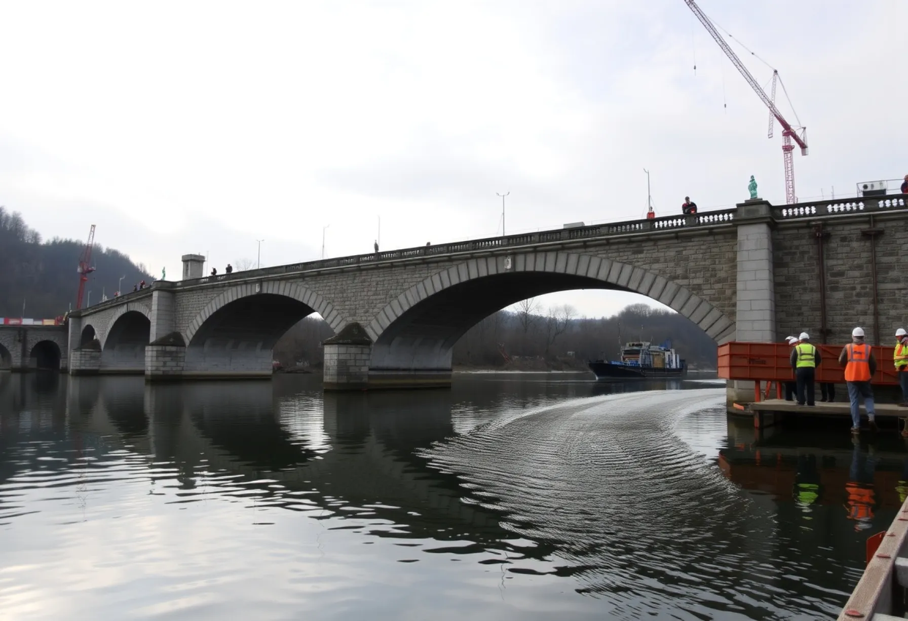 Steinerne Bogenbrücke von 1847 während Bauarbeiten über ruhigem Fluss im Tal