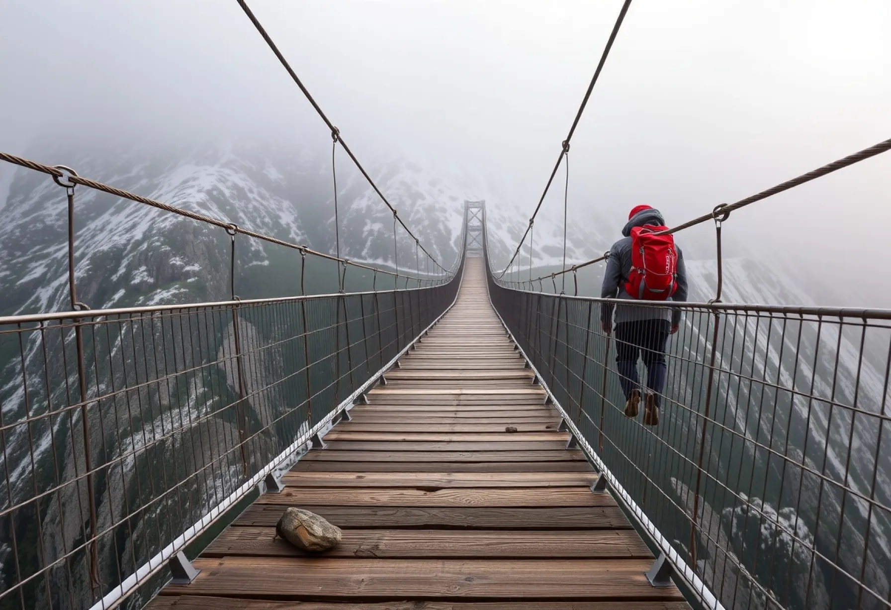 Hängebrücke über Schlucht in den Schweizer Alpen mit Wanderer im Nebel