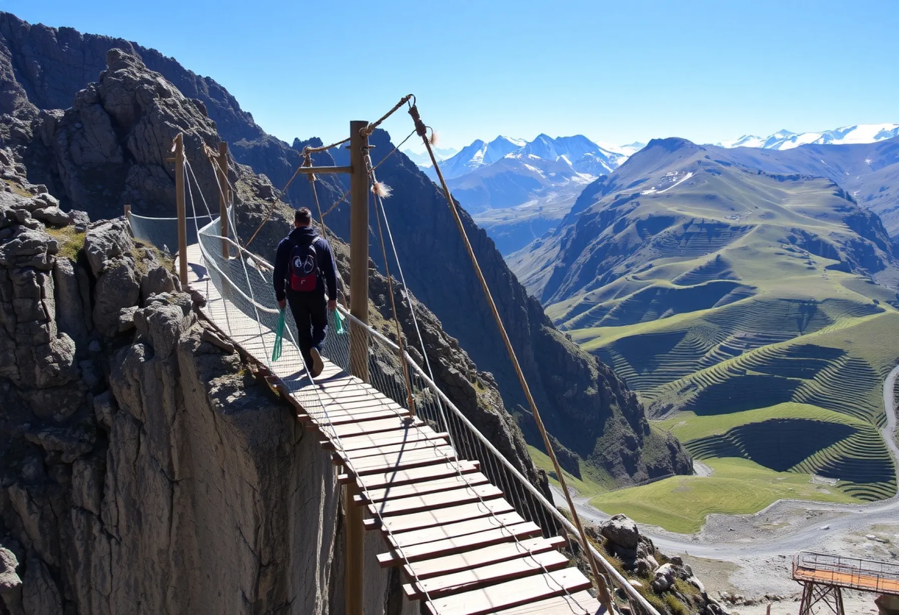 Hängebrücke im Himalaya: Wanderer überquert Schlucht in abgelegener Berglandschaft
