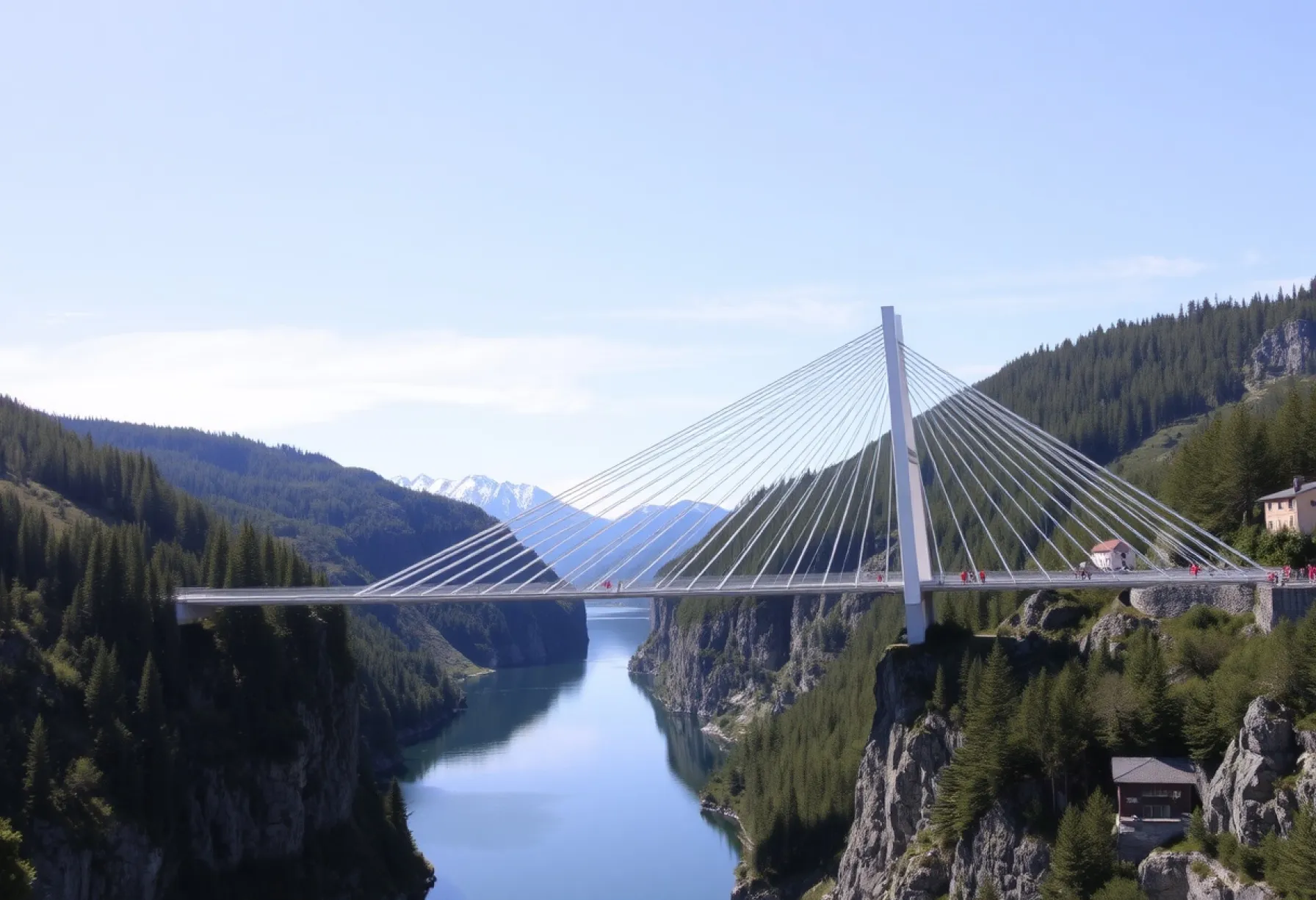 Moderne Hängebrücke über norwegischen Fjord mit beeindruckender Landschaft und klarem Himmel