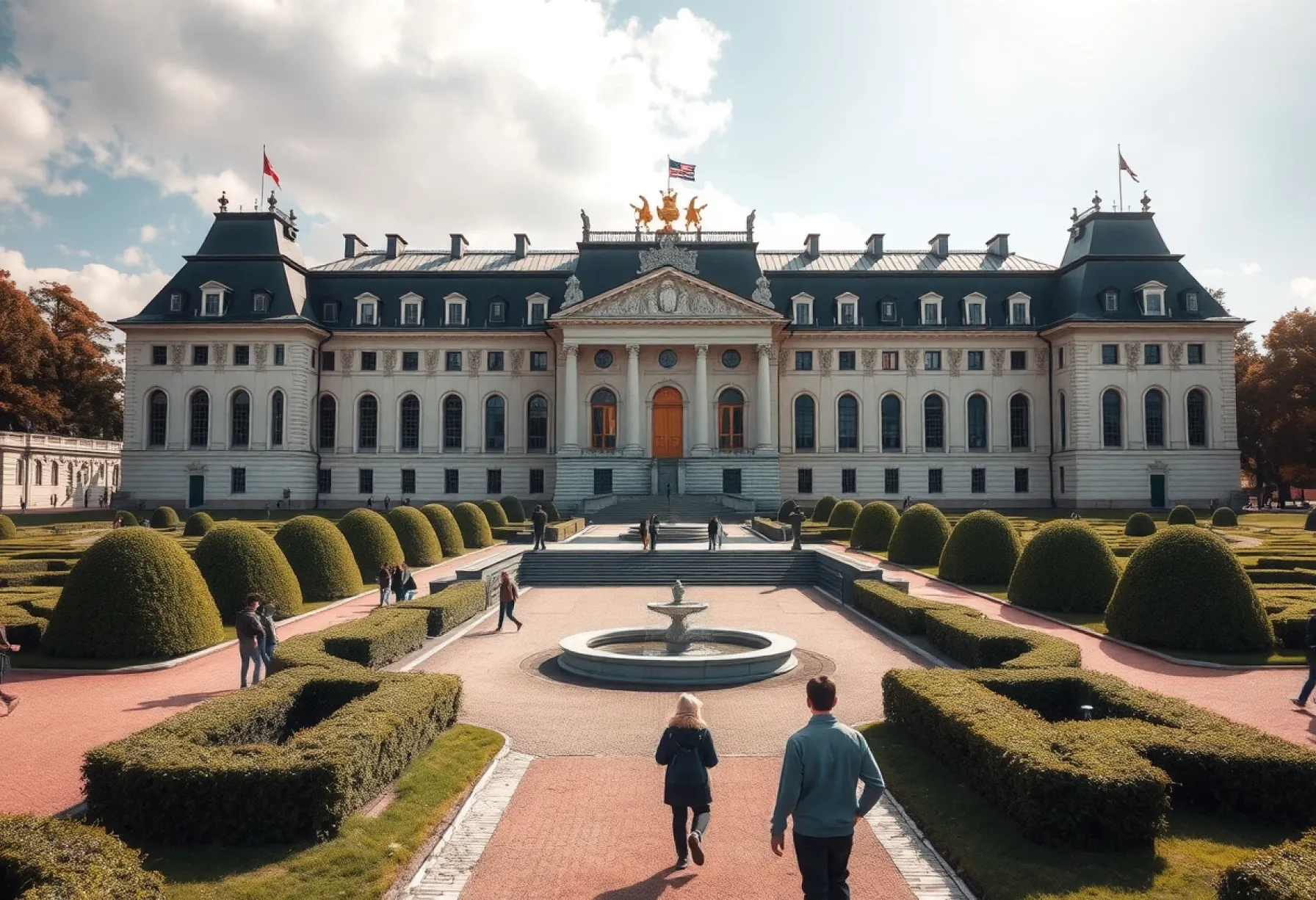 Barockes Schloss mit symmetrischem Garten und detaillierter Fassade