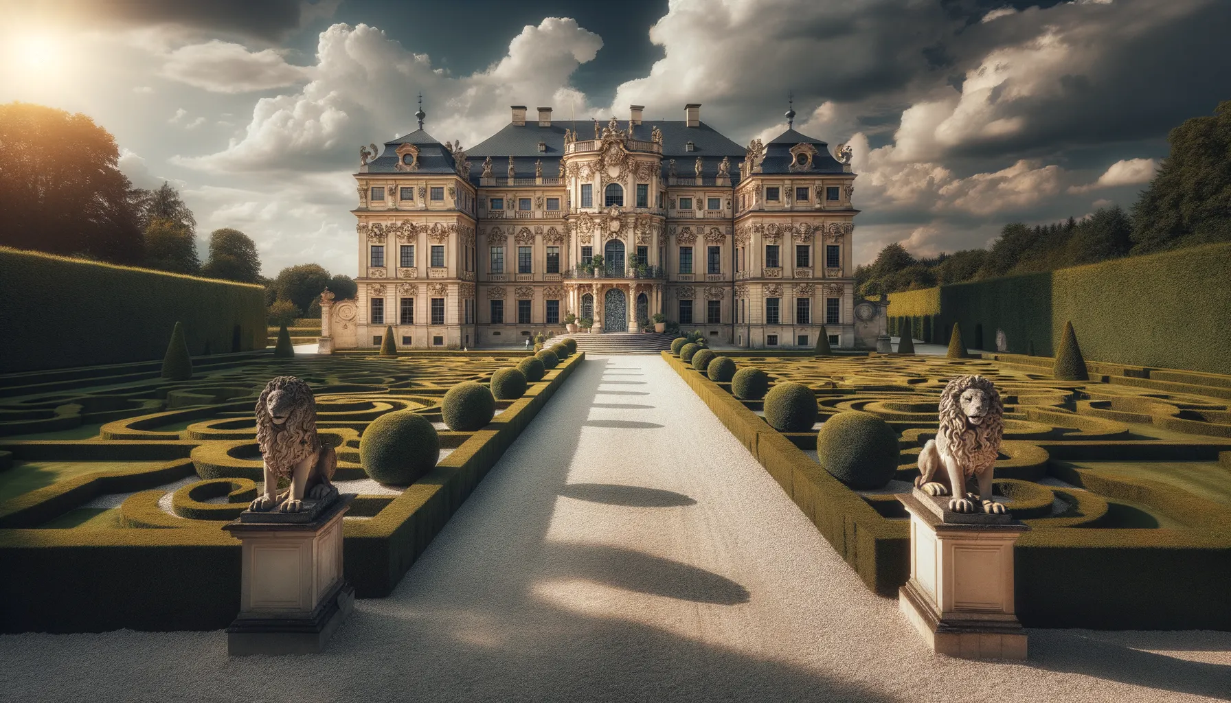 Barockes Schloss mit symmetrischem Garten und historischen Verzierungen