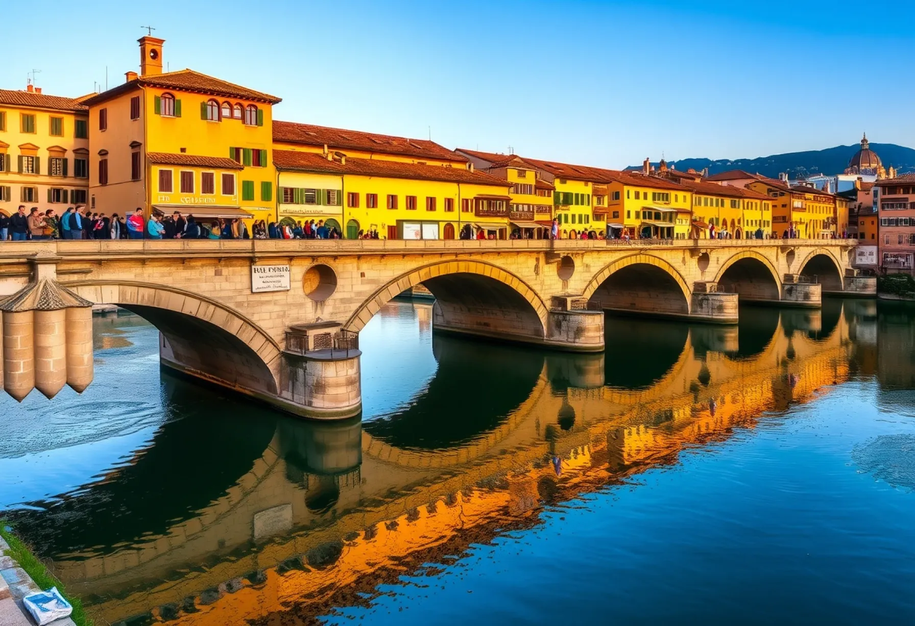 Historische Ponte Vecchio in Florenz: Mittelalterliche Steinbrücke mit traditionellen Geschäften und malerischer Kulisse der toskanischen Hügel