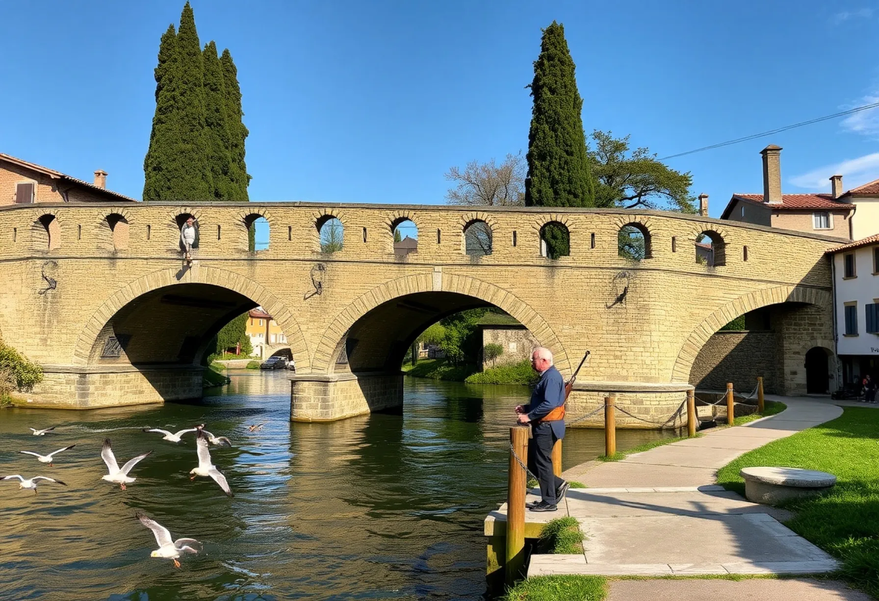 Steinerne Renaissance-Brücke über toskanischem Fluss im historischen Dorfumfeld