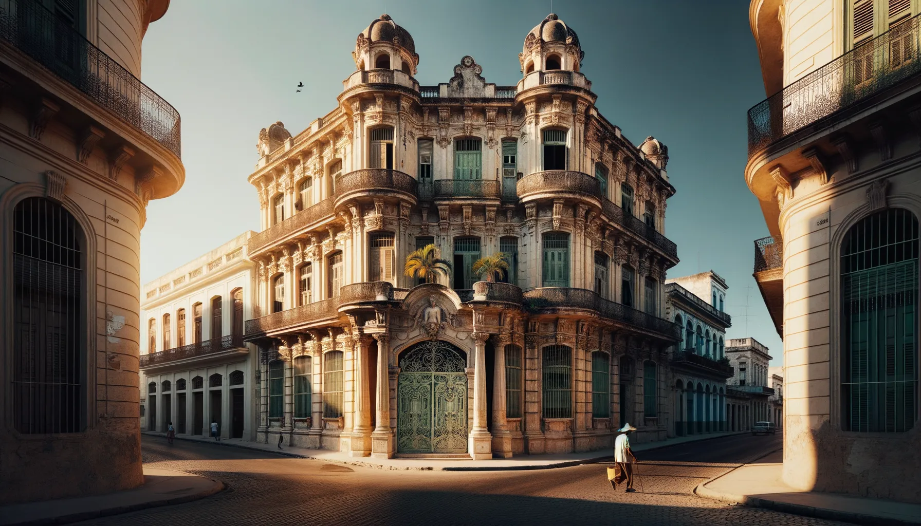 Koloniale Villa in Havanna: Neoklassizistische Architektur und Alltagsszene am frühen Morgen