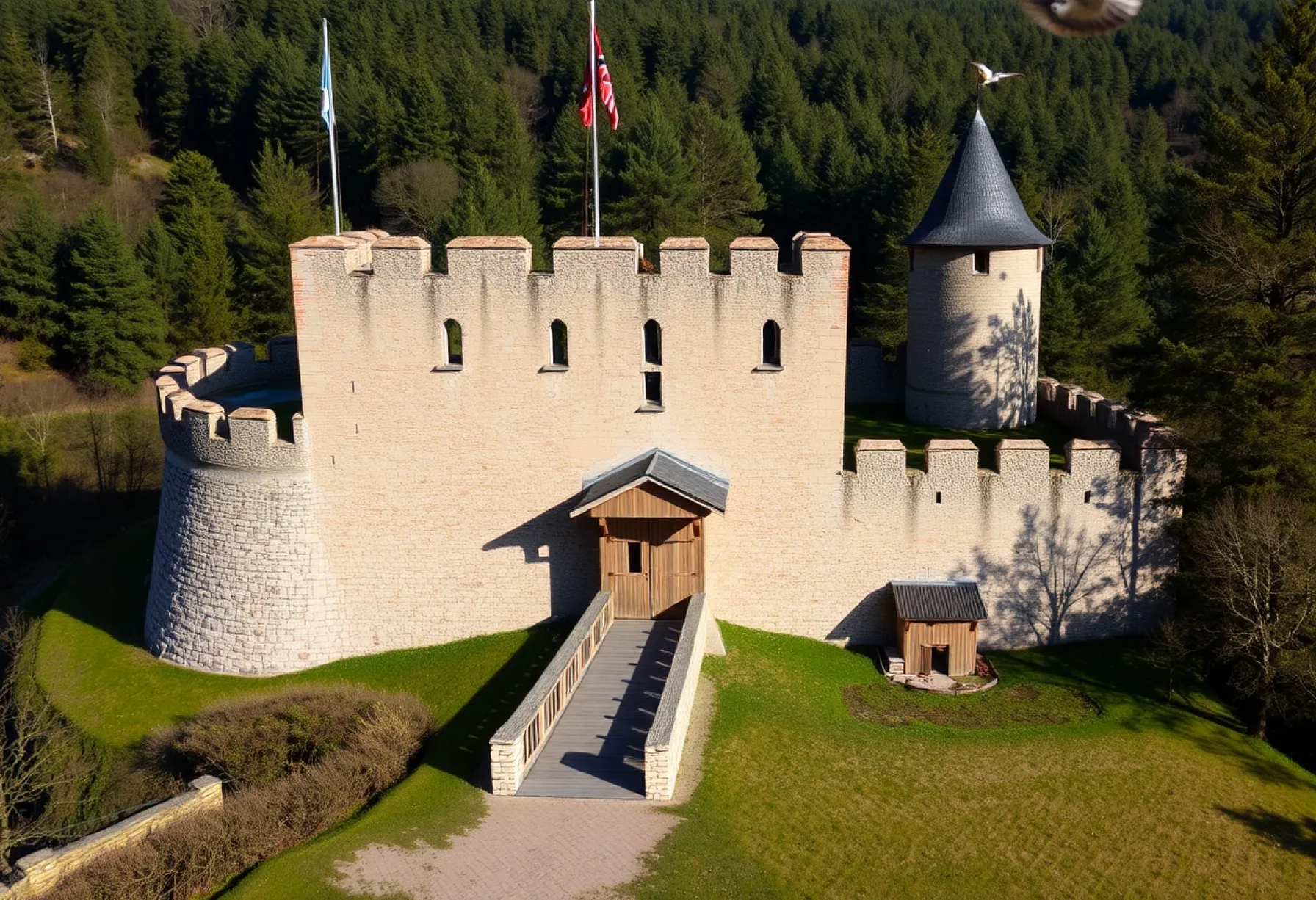 Mittelalterliche Burg auf felsigem Hügel mit trockengelegtem Burggraben und historischem Innenhof