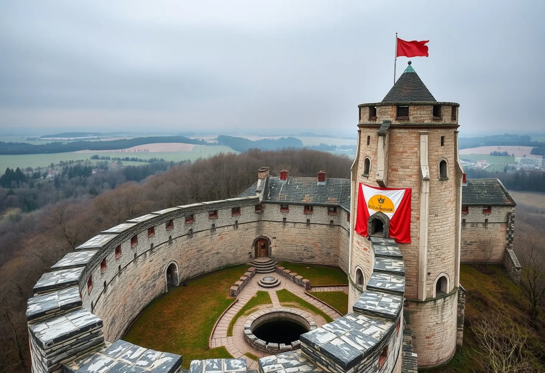 Mittelalterliche Burg mit Burggraben und verwitterten Steinmauern im Eichenwald