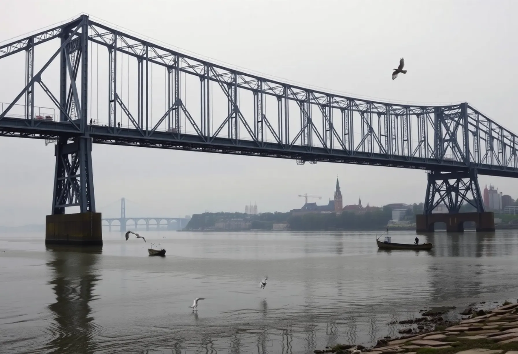 Stahlbrücke aus den 1930er Jahren über einem Fluss mit urbanem Hintergrund: Zustand und Umgebungseinflüsse