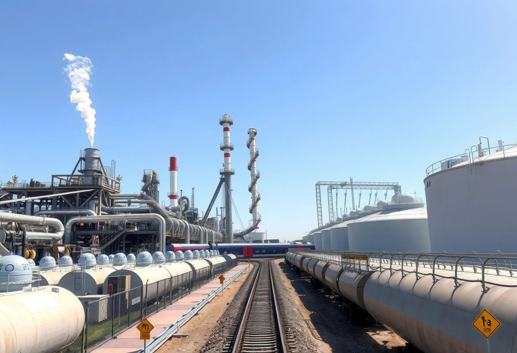 Industrieanlage in Houston: Raffinerie mit Schienensträngen und Sicherheitsvorkehrungen