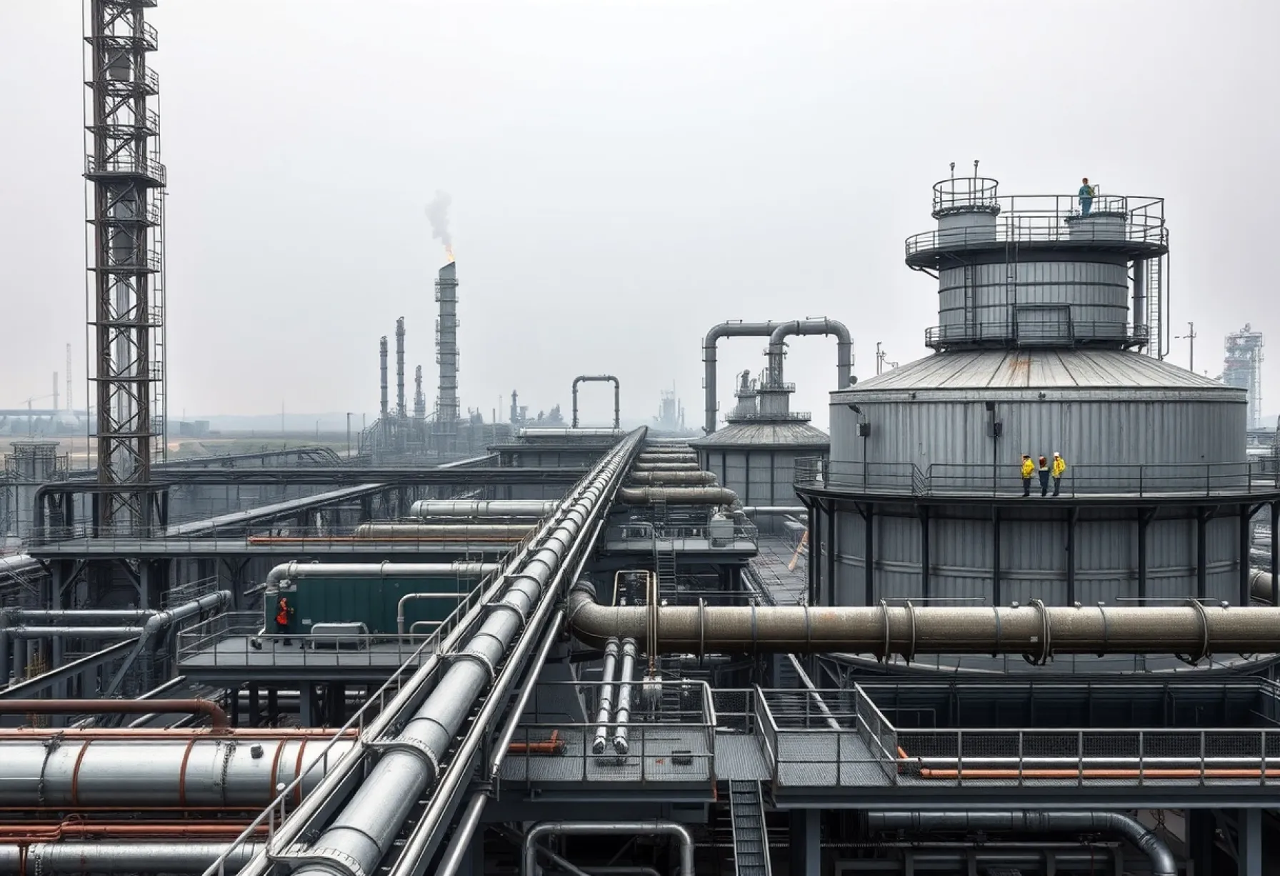 Industrieanlage: Raffinerie mit Destillationsturm und Fackeltürmen im Betrieb