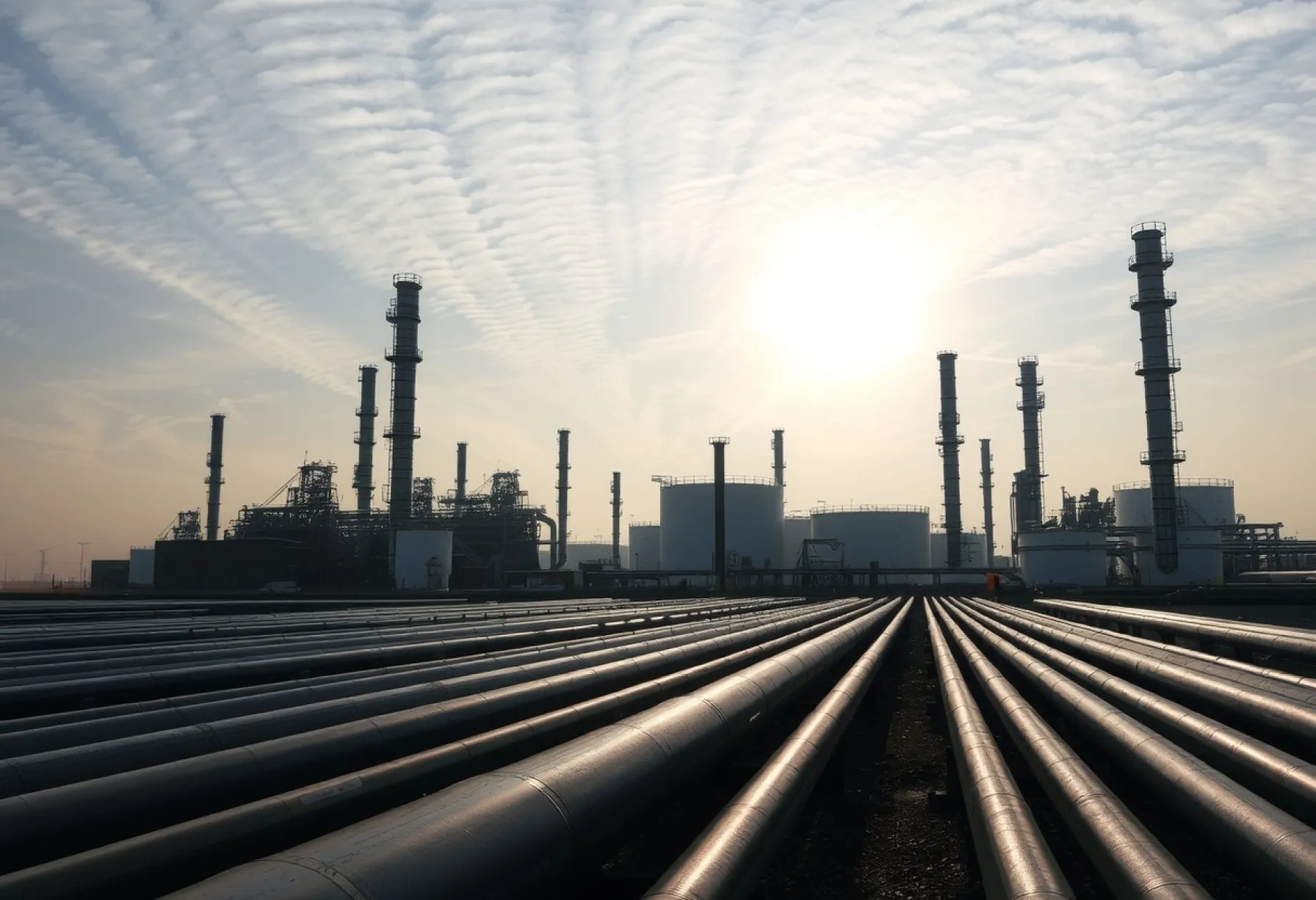 Industrielle Landschaft: Raffinerie am Stadtrand von Rotterdam im Morgennebel