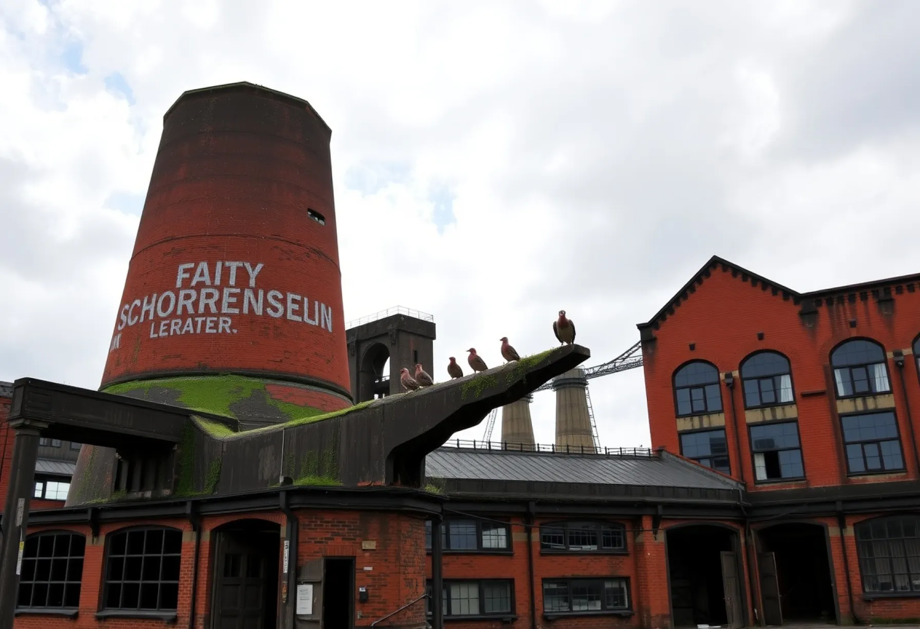 Alter Industriekomplex in der Nähe von Manchester: Verwitterter Backsteinschornstein und verlassene Fabrikgebäude