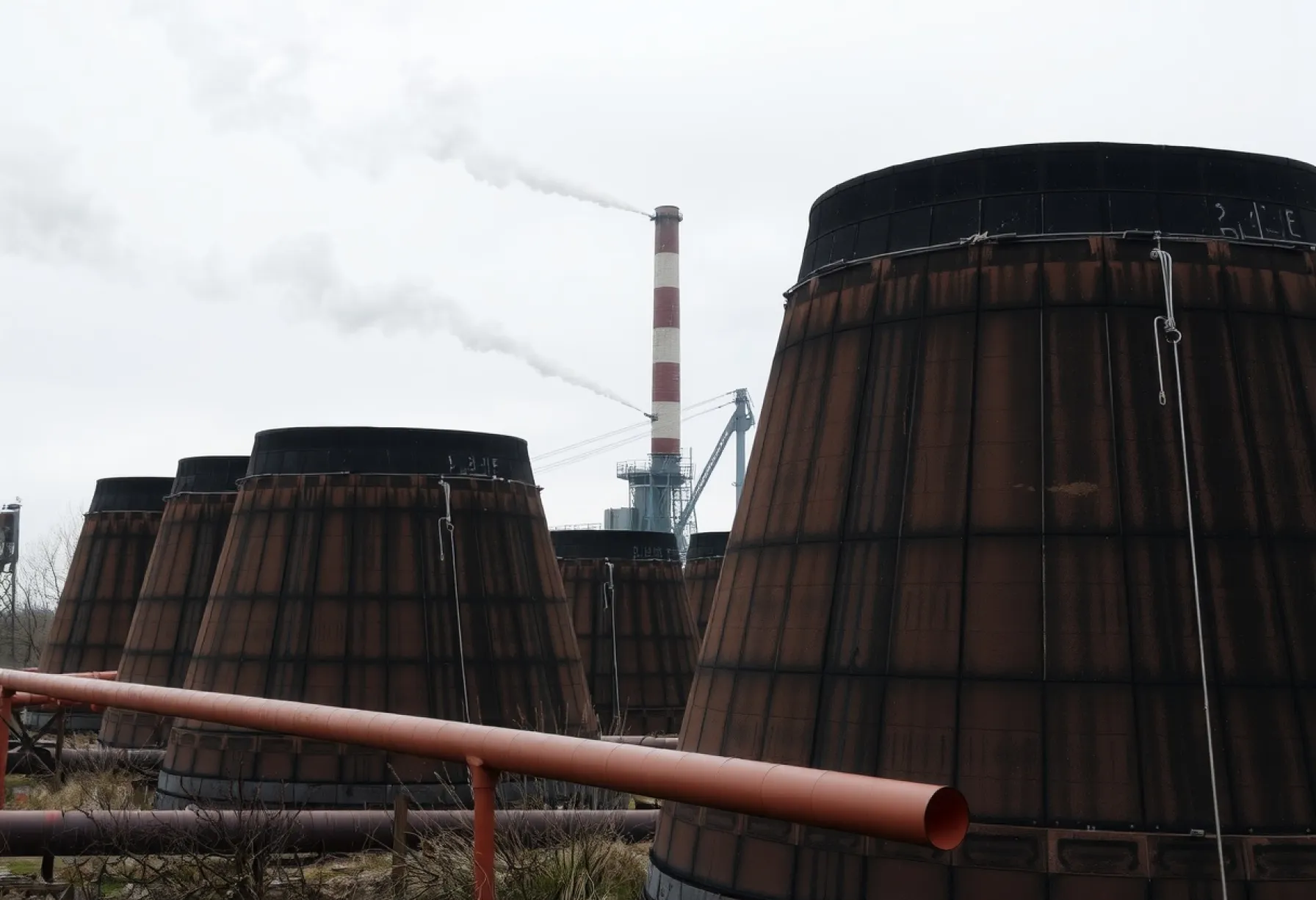 Industriearchitektur im Ruhrgebiet: Verwitterte Schornsteine und rostige Rohre an einem bewölkten Nachmittag