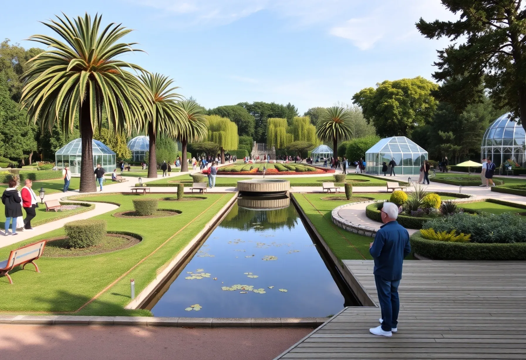 Botanischer Garten mit geometrischen Wegen, üppiger Vegetation und botanischen Gewächshäusern