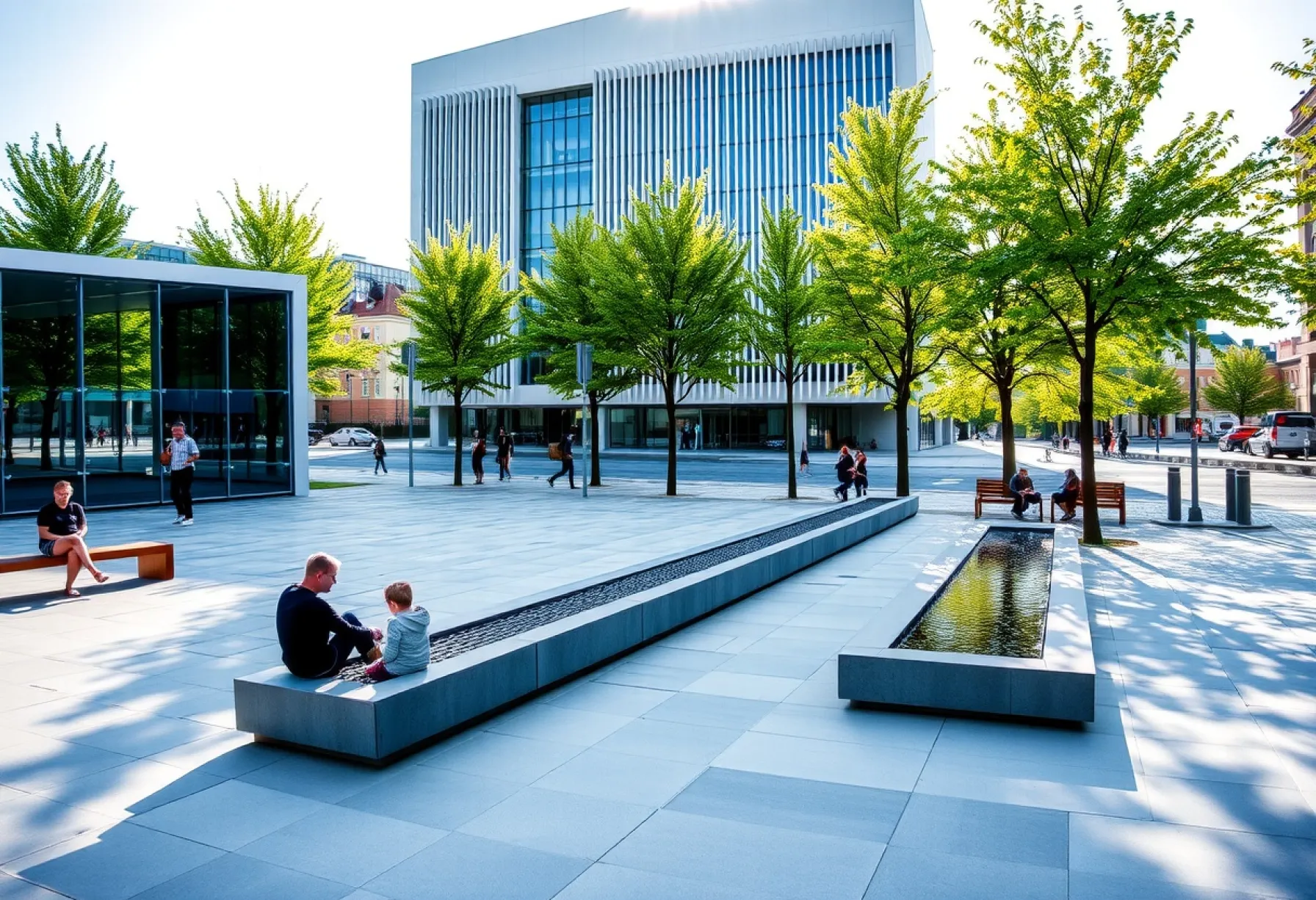 Moderner Stadtplatz in Oslo mit geometrischen Betonplatten und Wasserläufen