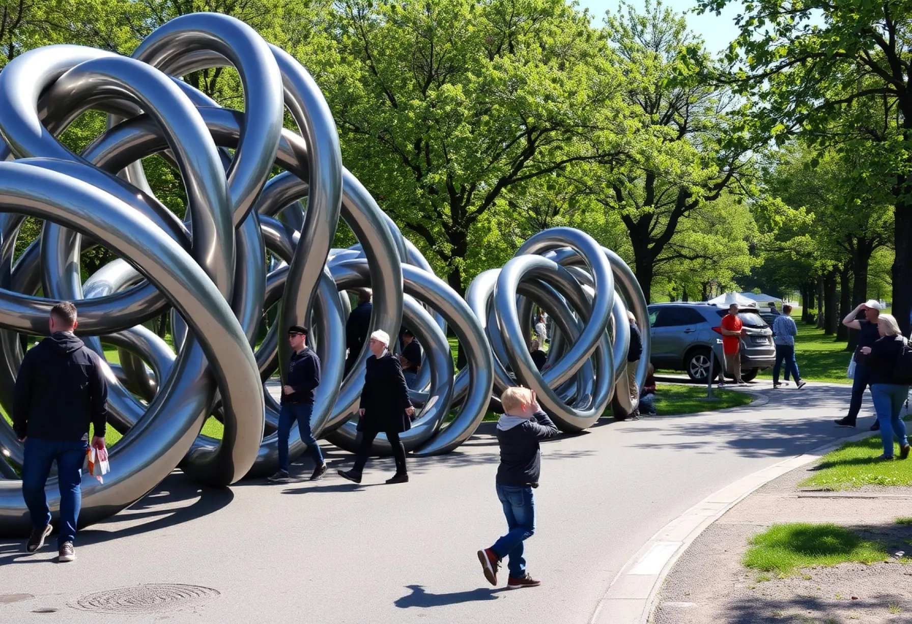 Skulpturenpark bei Oslo: Installation aus poliertem Stahl mit schlangenartigen Formen und reflektierenden Oberflächen