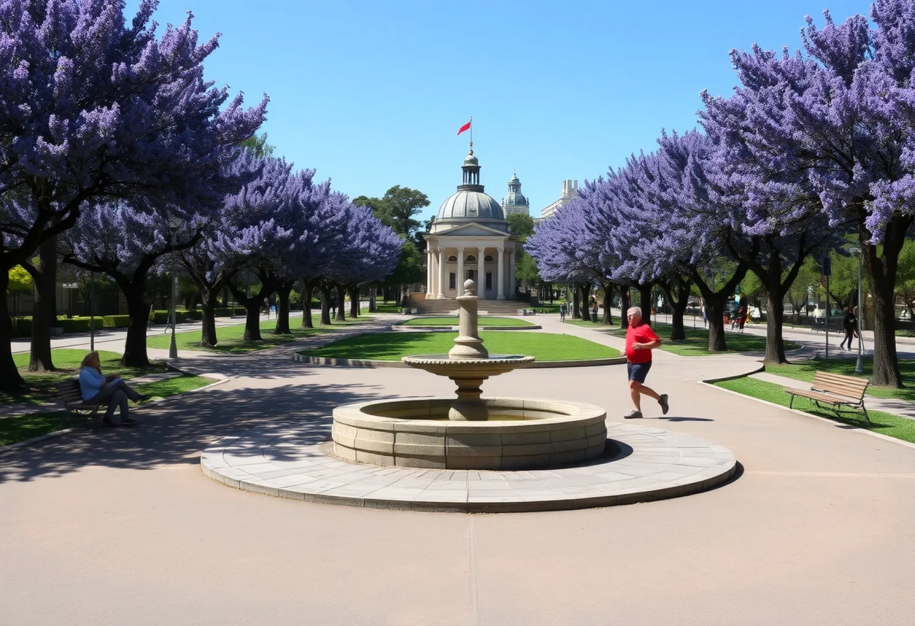 Stadtpark in Buenos Aires: Symmetrische Wege, Jacaranda-Bäume und historischer Pavillon