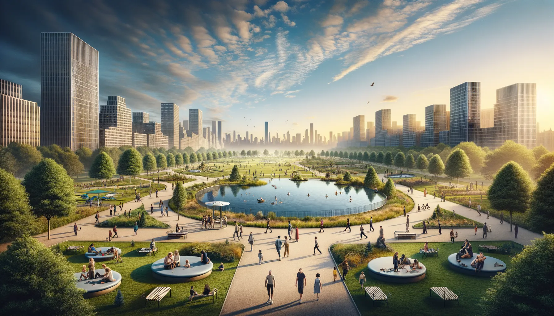 Stadtpark mit Teich, Spielplatz und moderner Skyline im Hintergrund