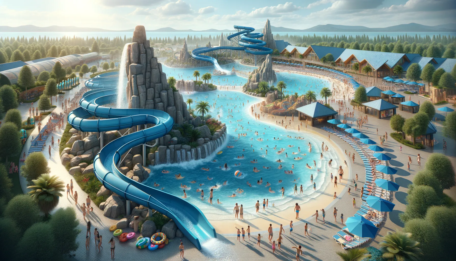 Wasserpark mit Wellenbecken, Rutschen und tropischer Gestaltung