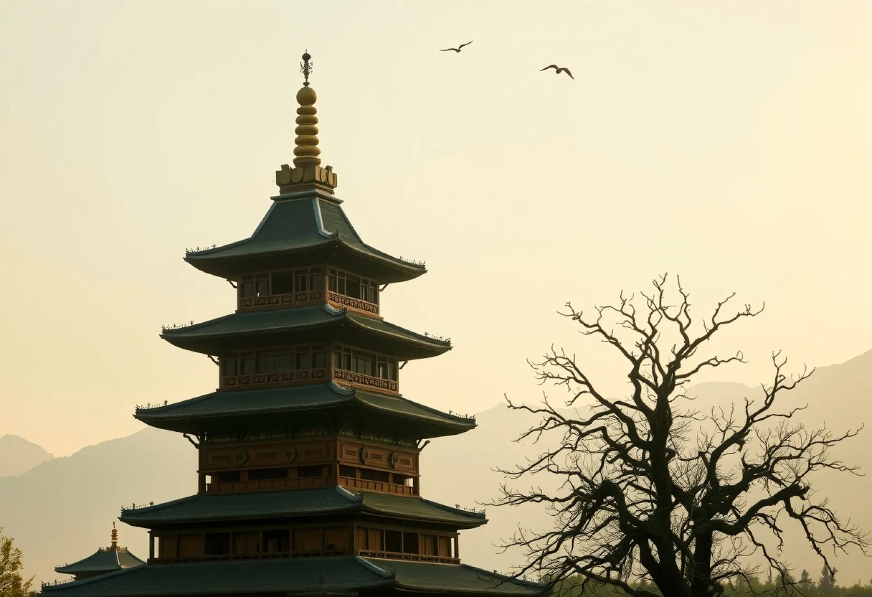 Historische Pagode in Yunnan bei Morgendämmerung: Architektur und natürliche Umgebung im Einklang