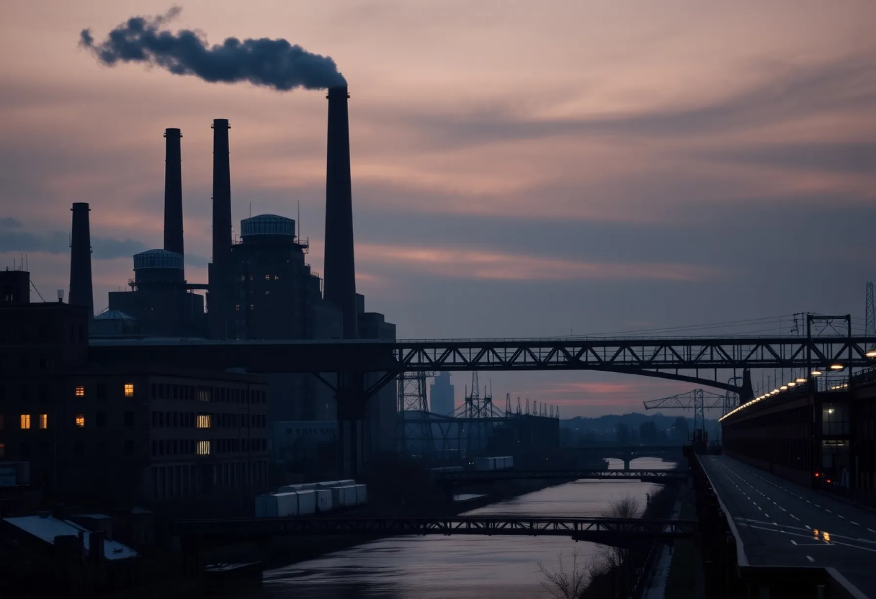 Industriestadt in der Dämmerung: Stillgelegte Fabriken, Eisenbahnbrücke und nächtliches Treiben