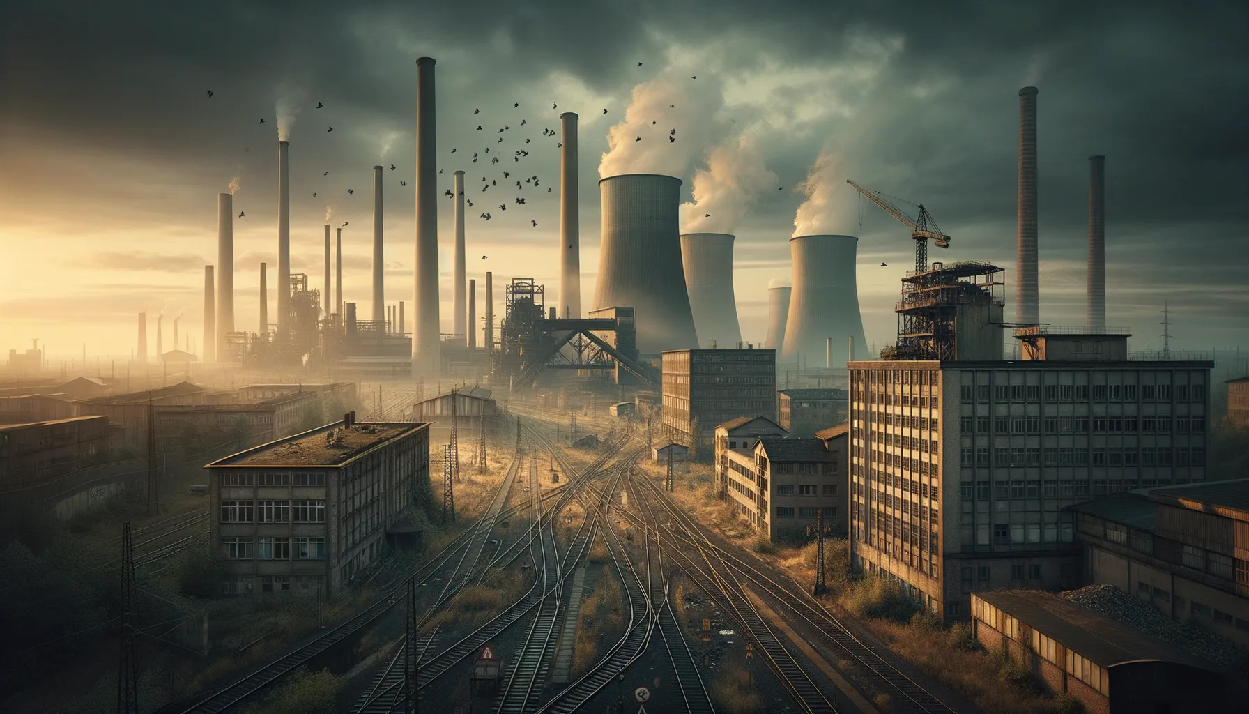 Industriestadt mit stillgelegter Eisenbahnstrecke und Kraftwerkskulisse bei Dämmerung
