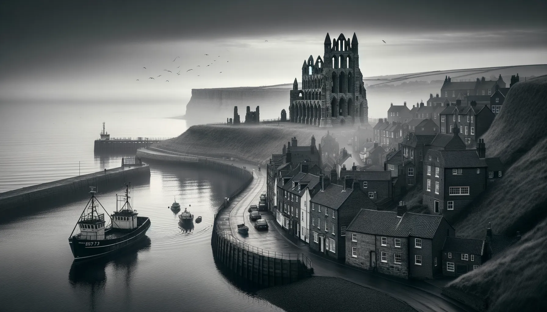Morgenstimmung in der Küstenstadt Whitby: Ruinen der Whitby Abbey und Nordsee im Fokus