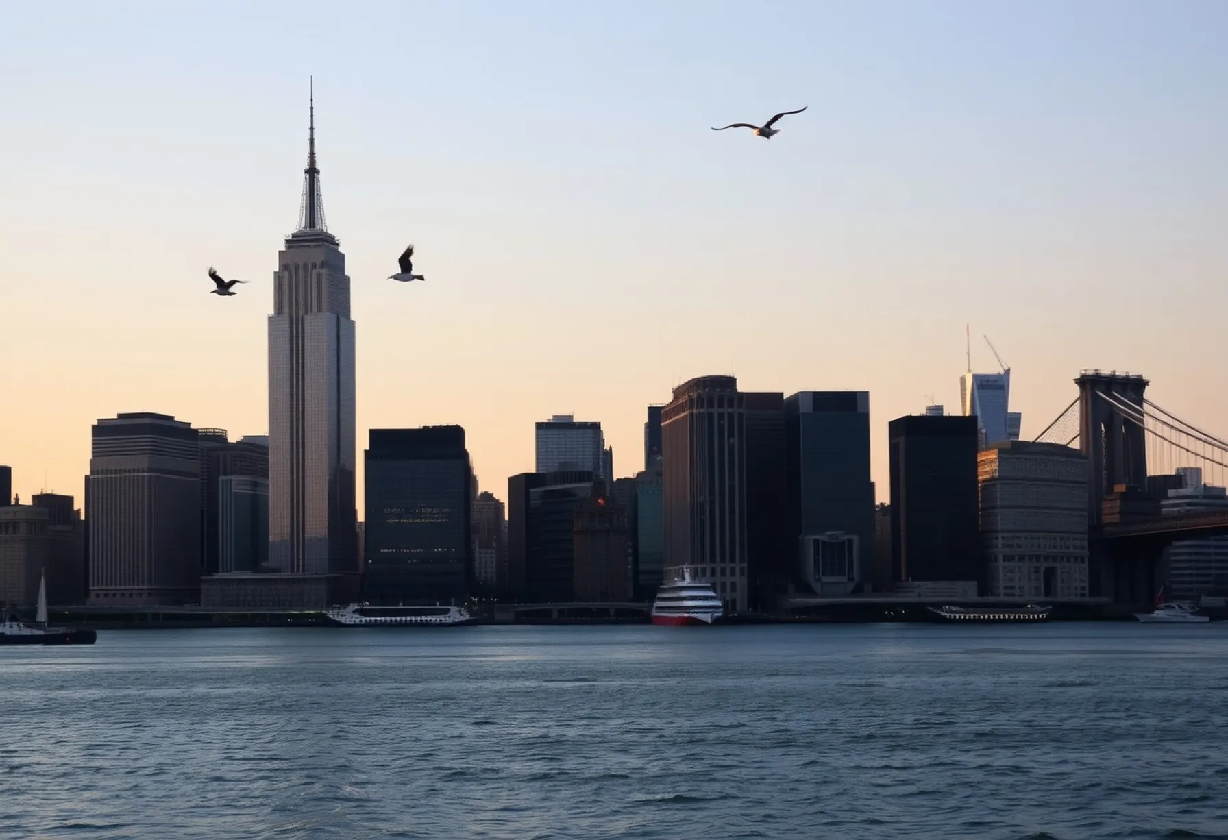 Panorama der New Yorker Skyline bei Dämmerung mit Empire State Building, One World Trade Center und Chrysler Building