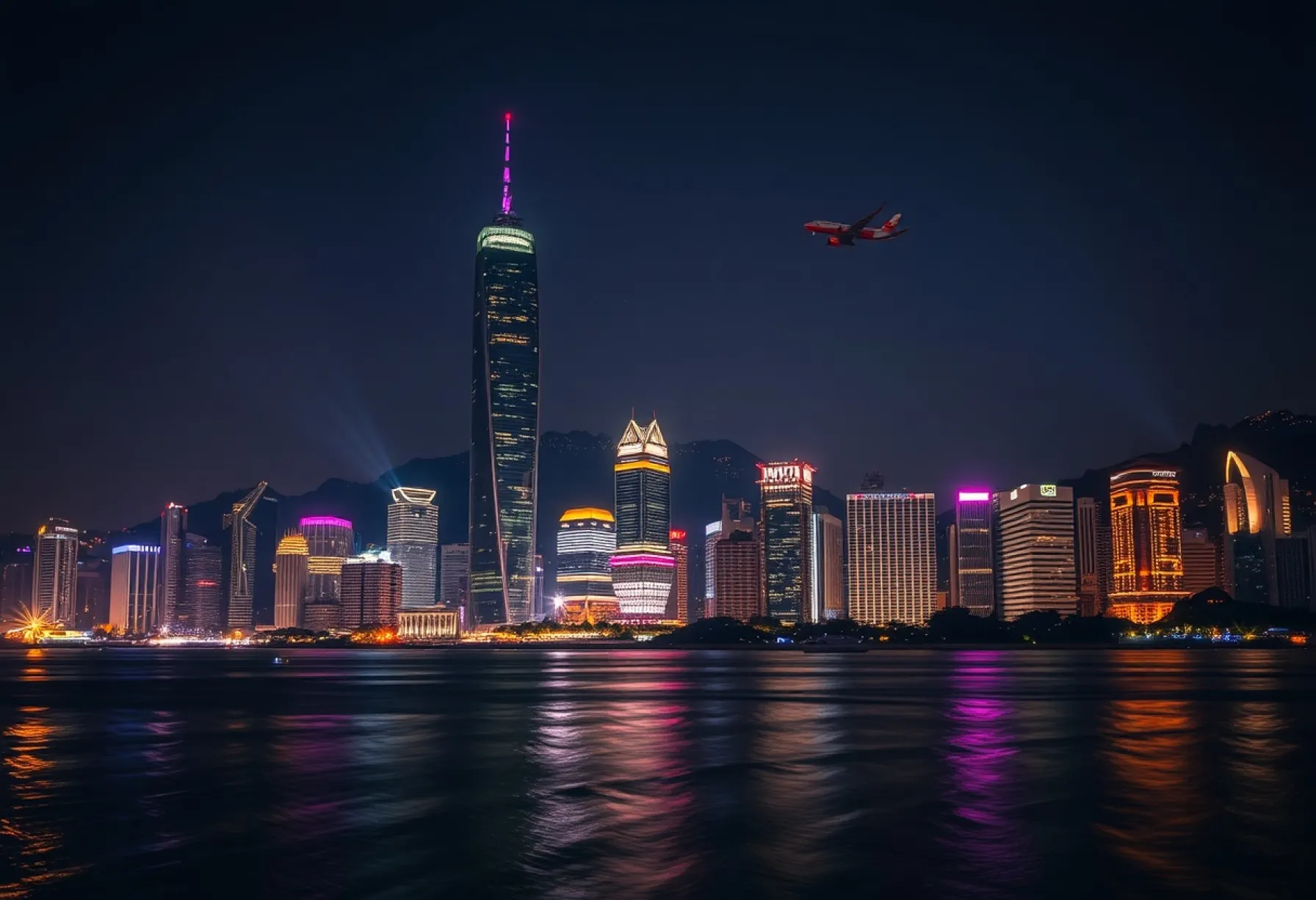 Nächtliche Skyline von Hongkong: Lichter und Reflexionen im Victoria Harbour