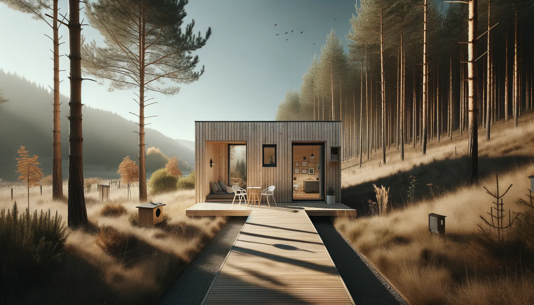 Modernes Tiny House aus Holz in natürlicher Umgebung mit Herbstkulisse