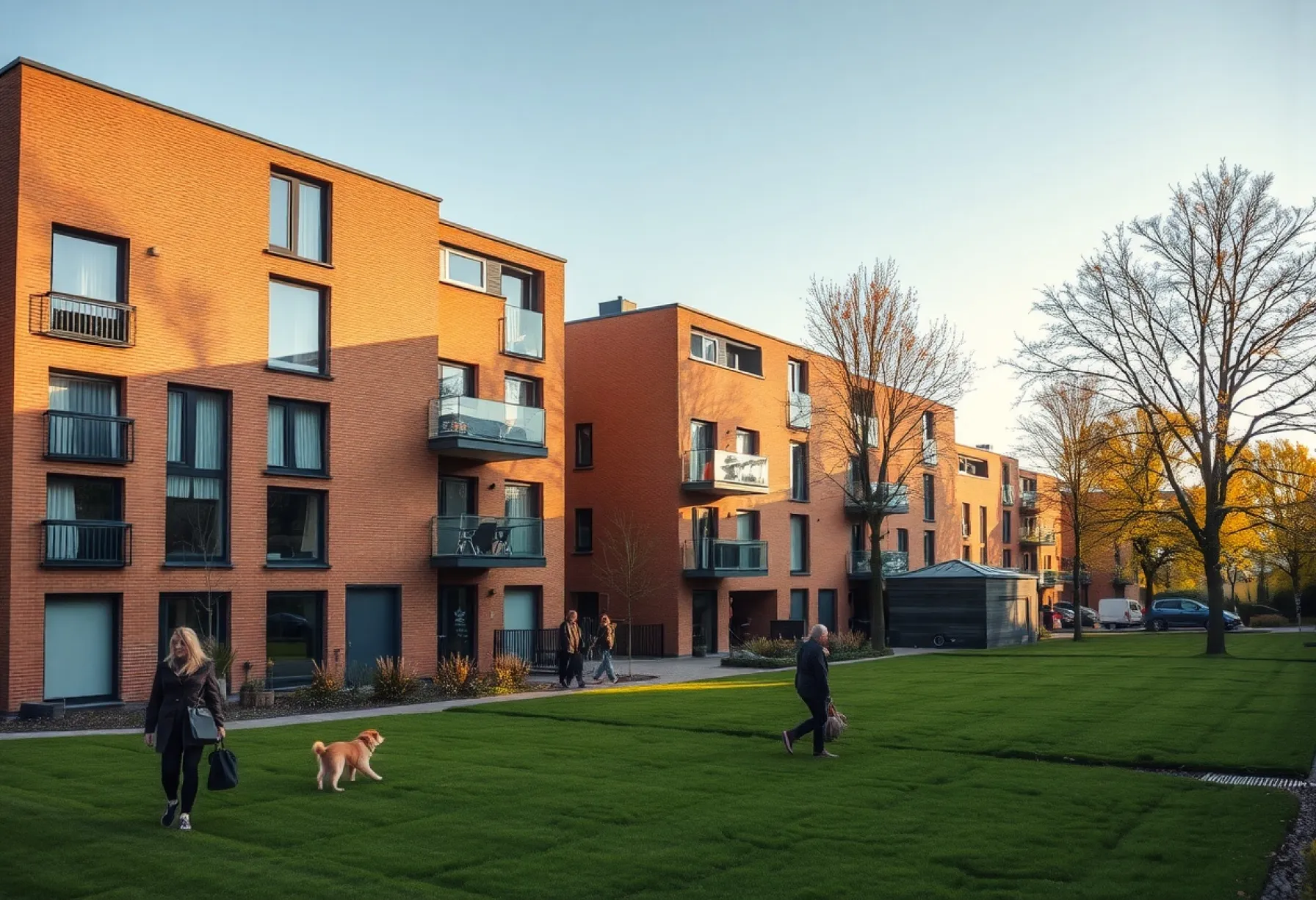 Moderne Wohnarchitektur in Kopenhagen: Herbstliche Morgenstimmung im Wohnviertel mit Backsteinfassaden und gepflegten Grünflächen