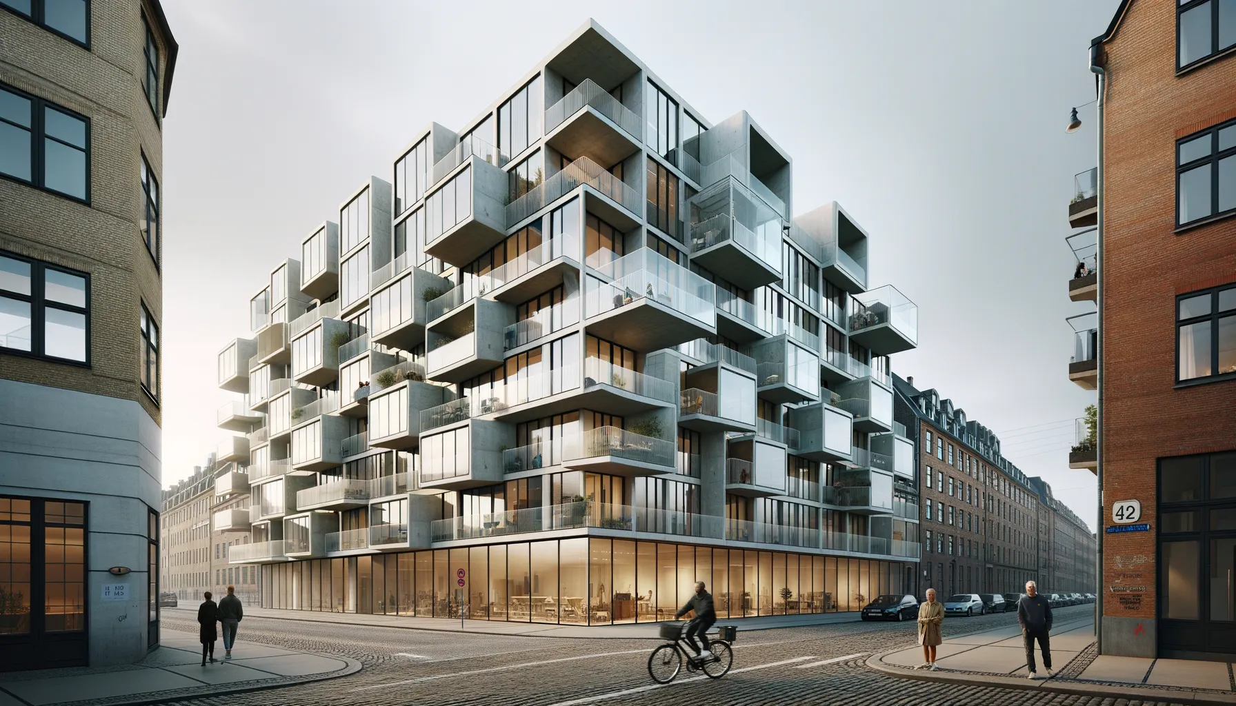 Moderner Wohnkomplex in Kopenhagen: Funktionales Design mit Glasfassade und begrüntem Innenhof
