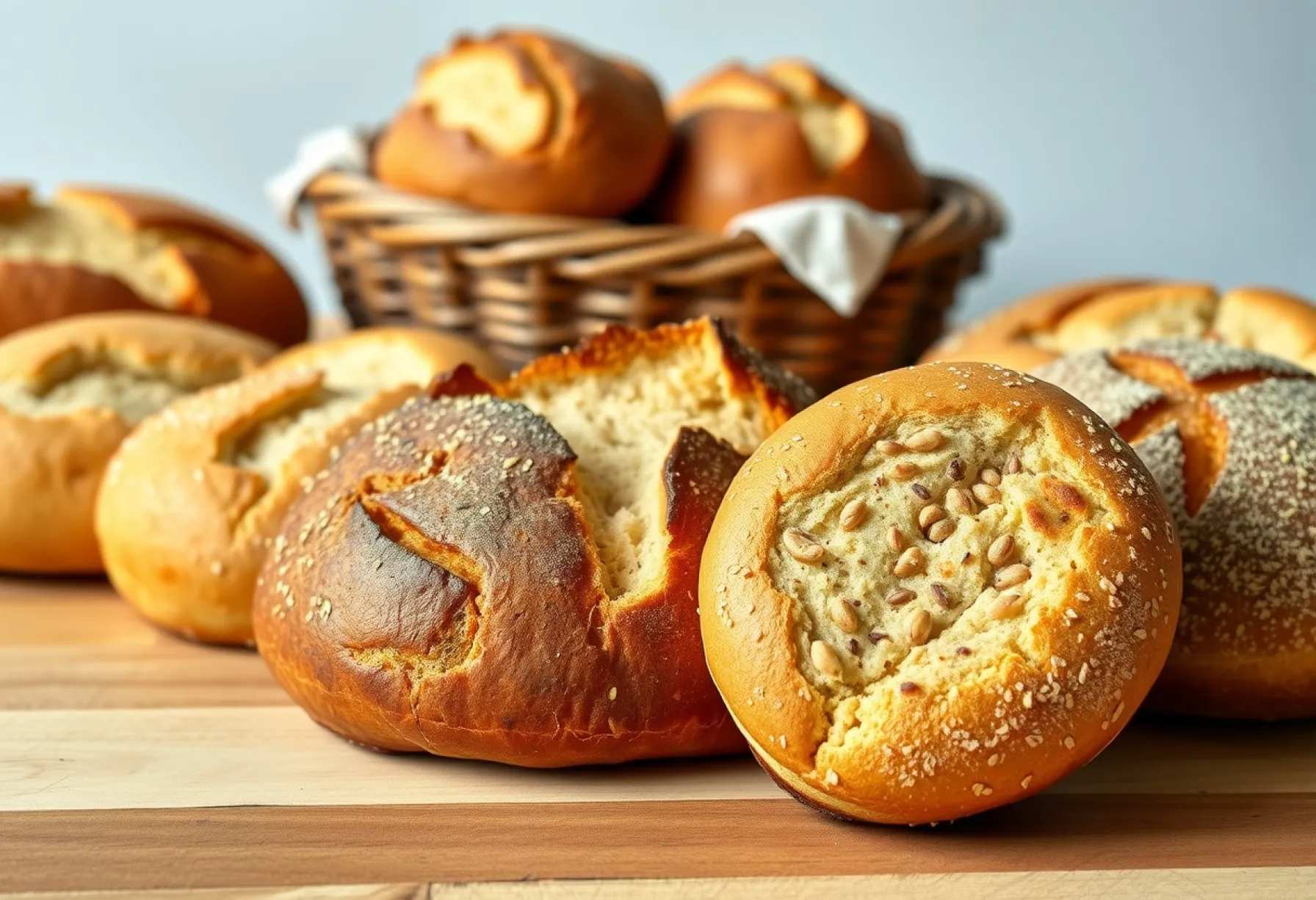 Darstellung von frisch gebackenen Brötchen auf einem Holztisch im natürlichen Licht