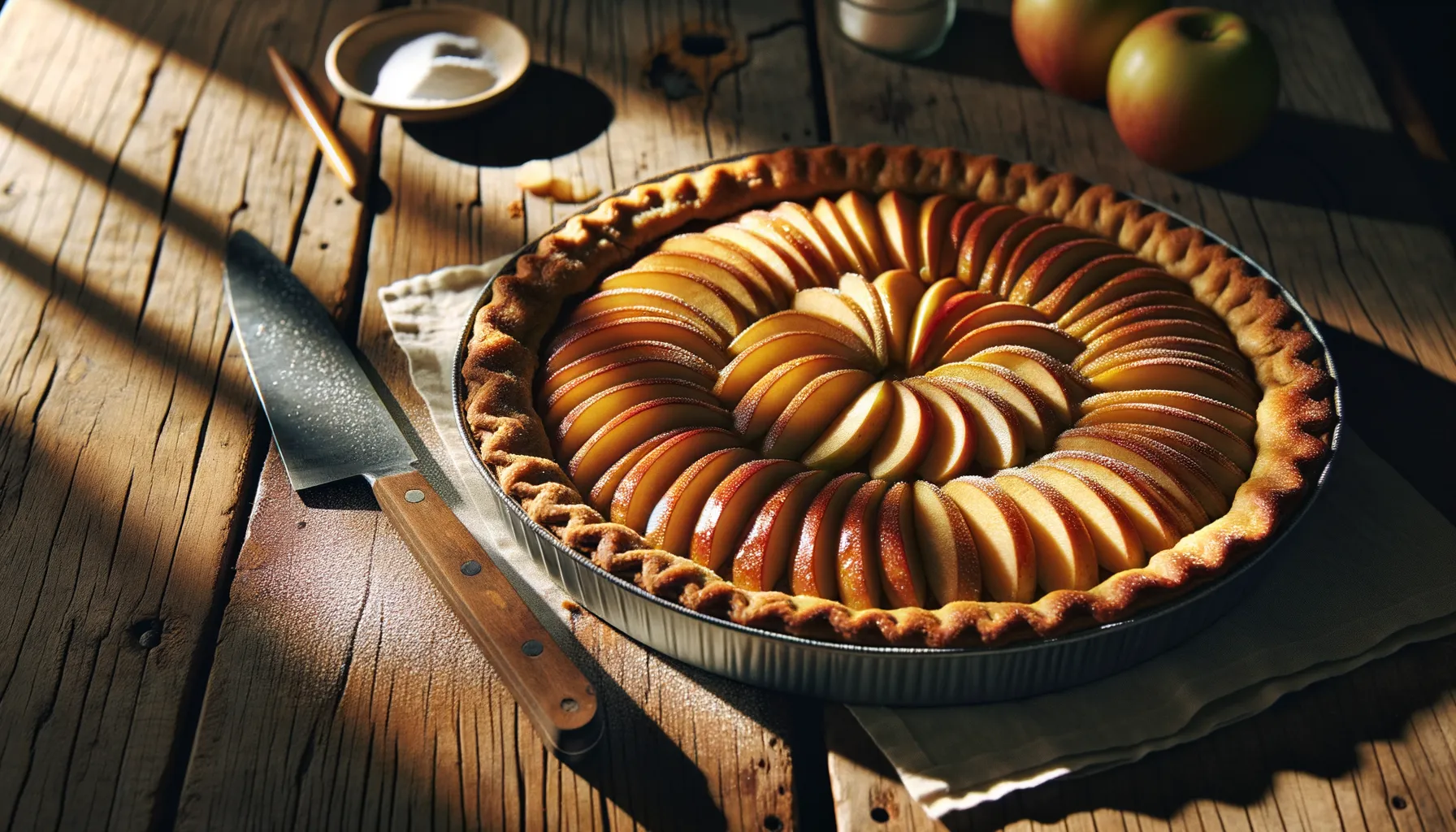 Apfelkuchen auf Holztisch: Gleichmäßig gebackener Teig mit karamellisiertem Zucker und fächerförmigen Apfelscheiben