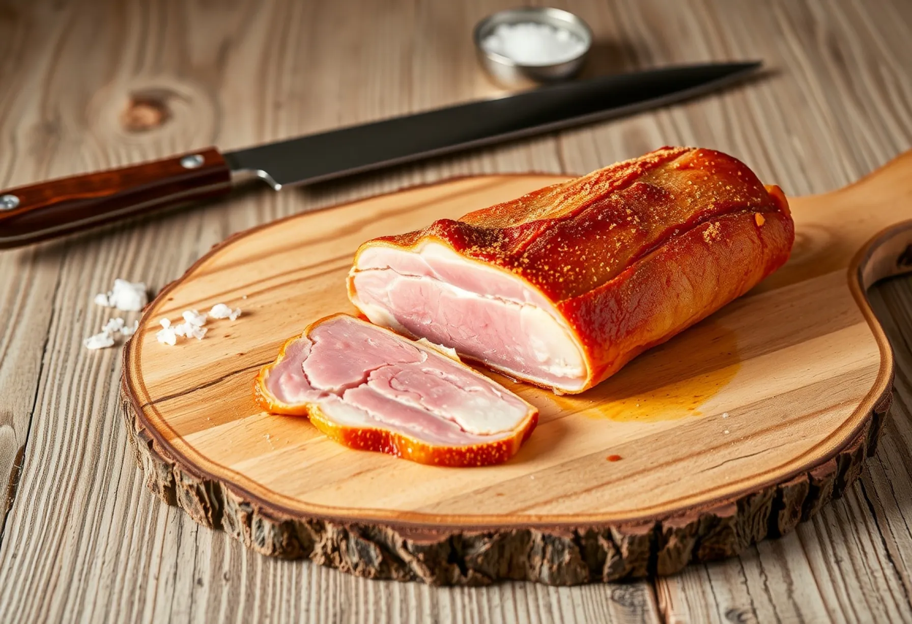 Präsentation von Schweinebauch auf rustikalem Holzbrett mit Meersalz und Küchenmesser im Hintergrund