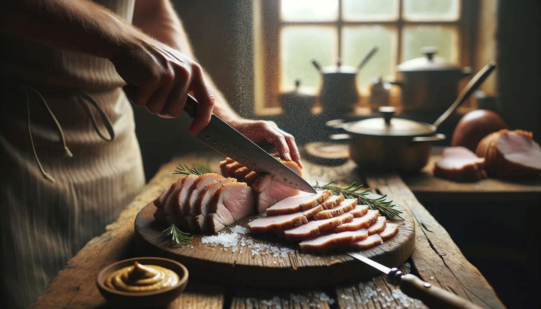 Präsentation von Schweinefleisch mit Rosmarin und Meersalz auf rustikalem Holztisch