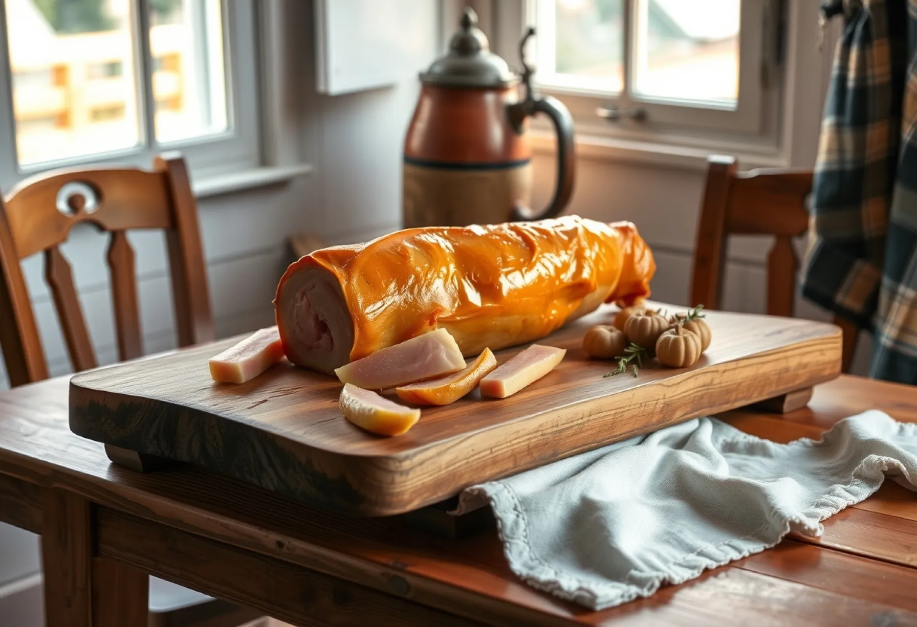 Rustikaler Holztisch mit kunstvoll angerichtetem Schweinebauch und bayerischem Bierkrug in nostalgischer Atmosphäre