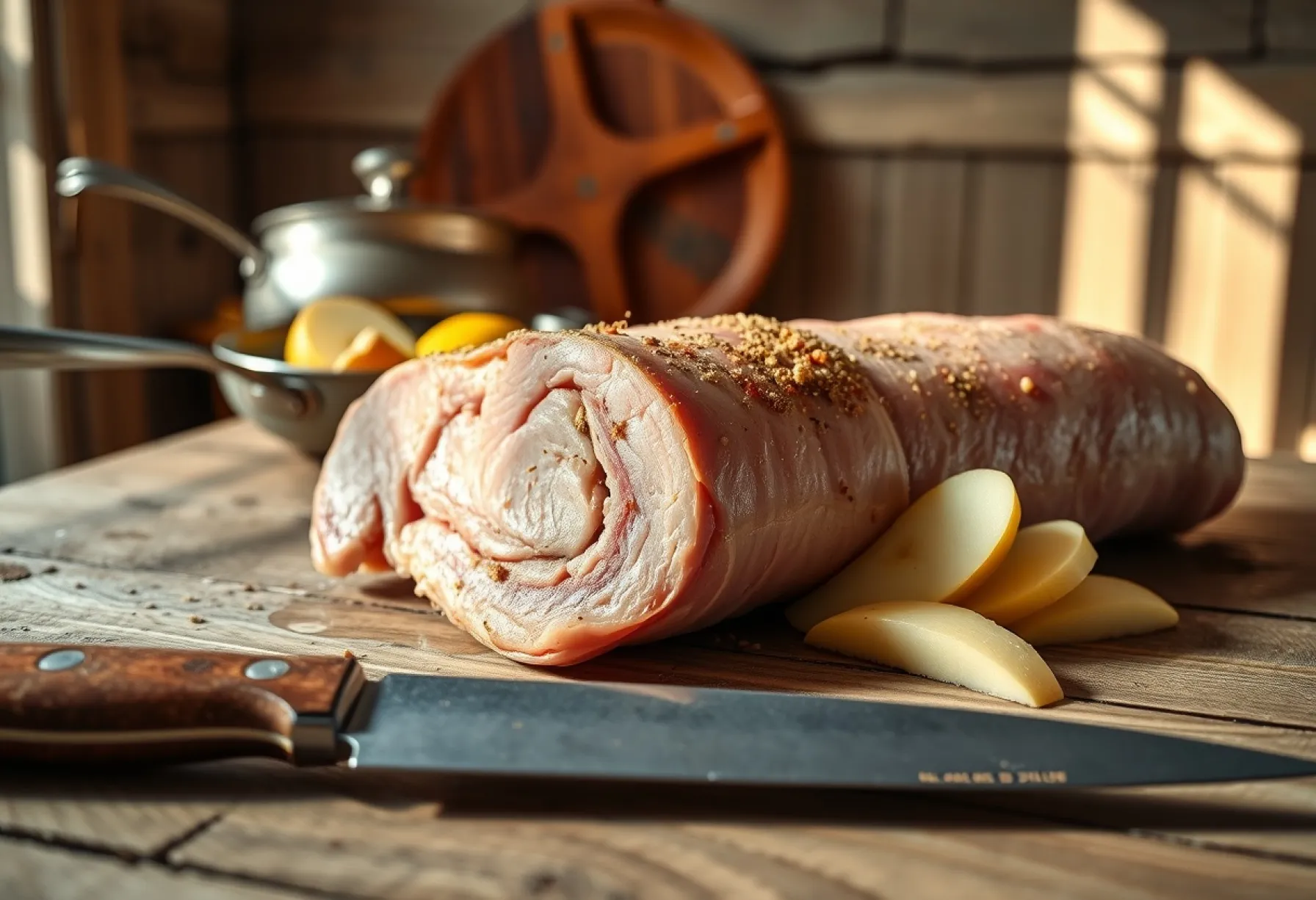 Rustikaler Schweinebauch mit knuspriger Kruste und Apfelscheiben auf Holztisch