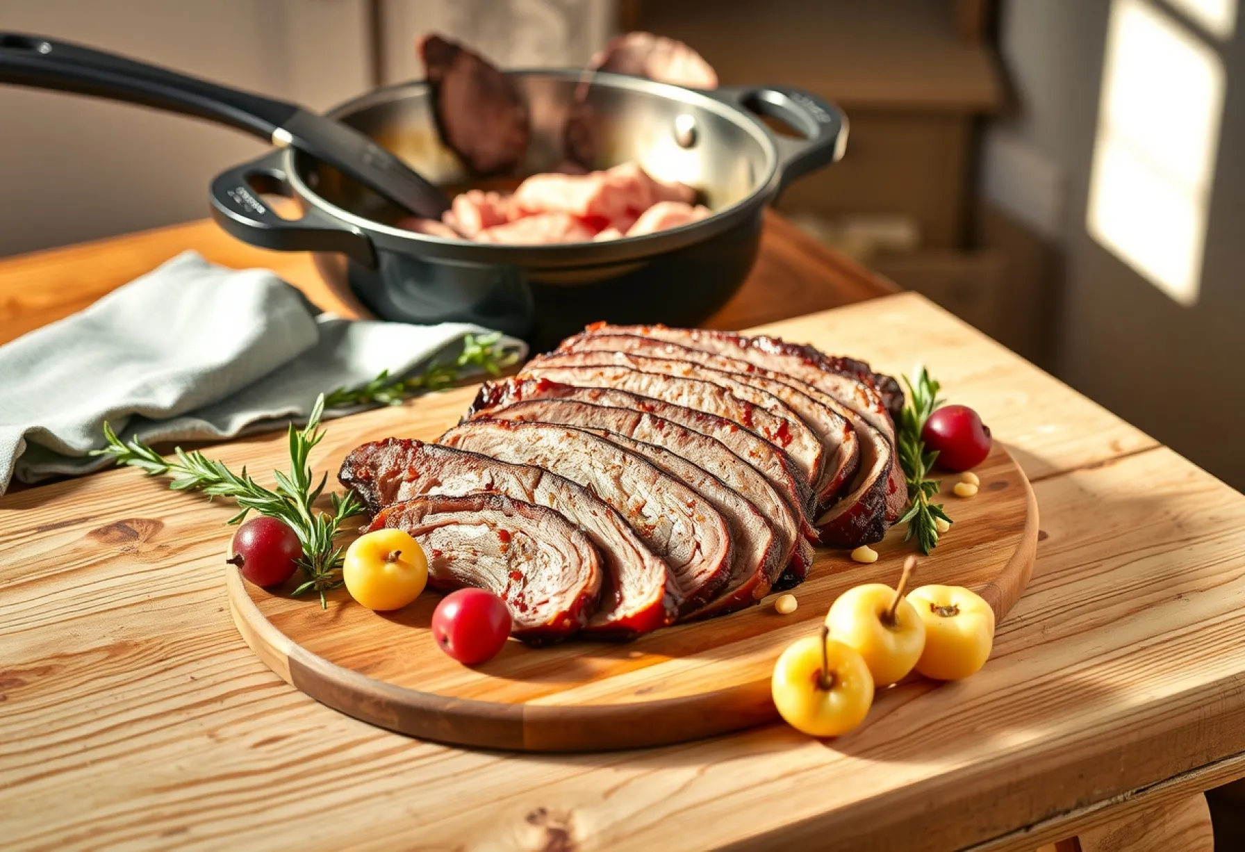 Präsentation eines sorgfältig zubereiteten Wildschweinbratens auf einem handgefertigten Holztisch