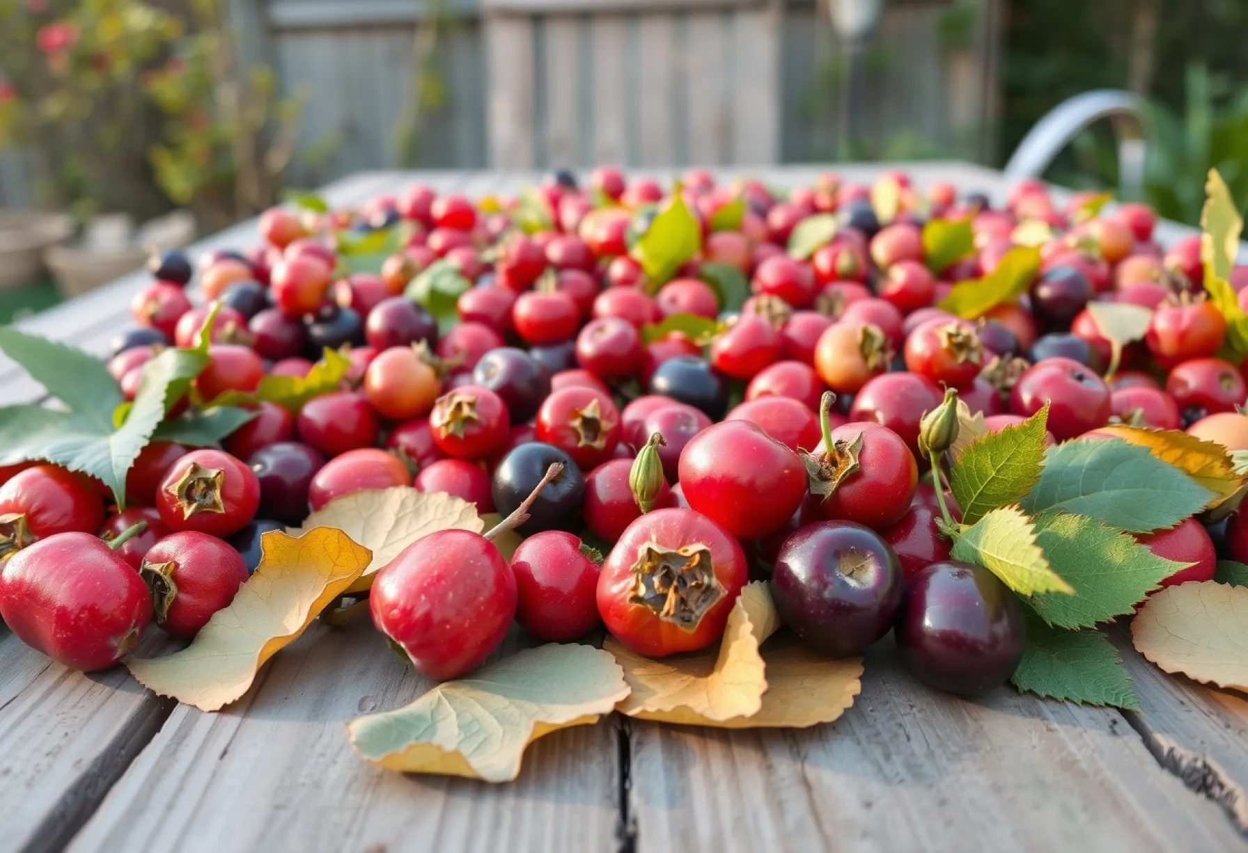 Gartenstillleben mit Beeren auf Holztisch im Morgenlicht