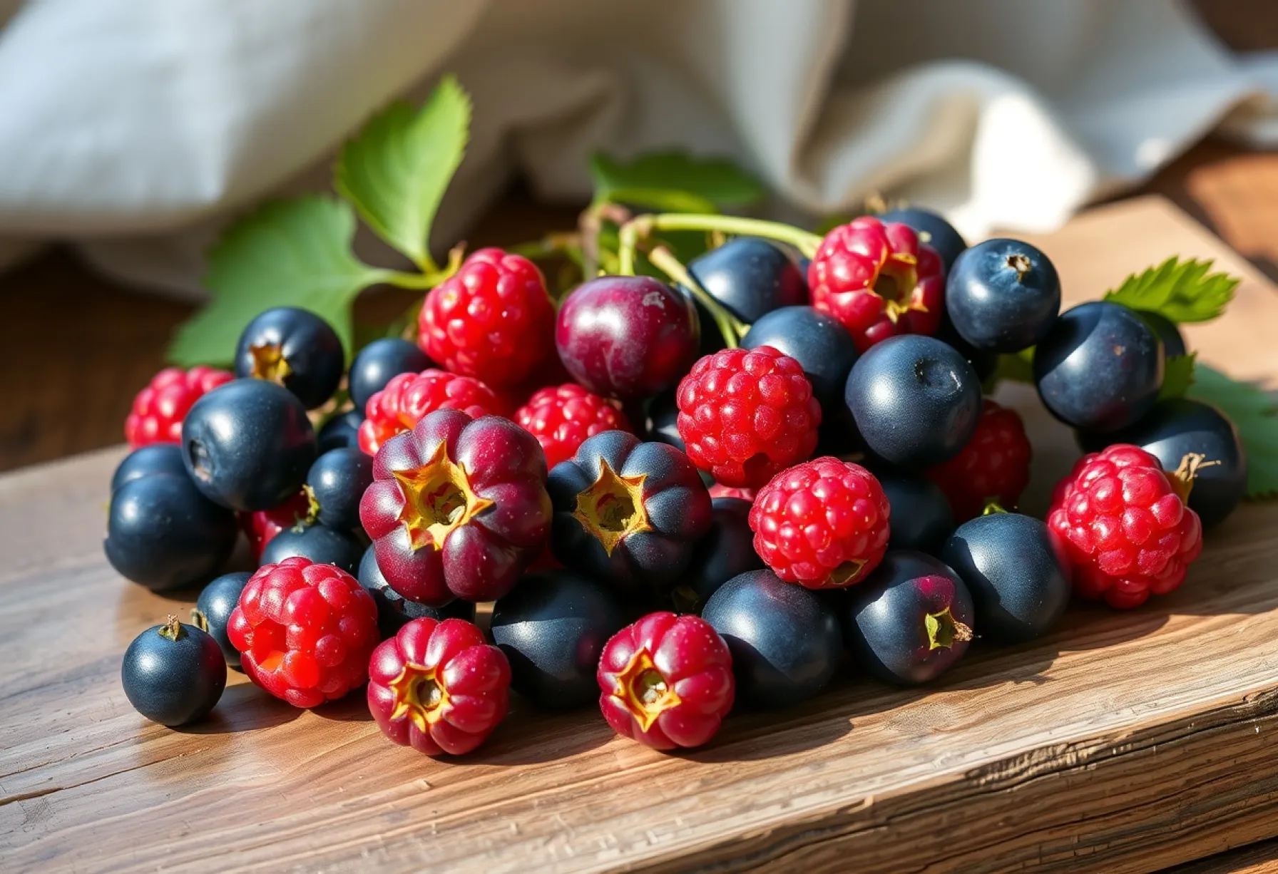 Stillleben von Heidelbeeren auf rustikalem Holztisch mit natürlichem Licht und Leinendetail im Hintergrund