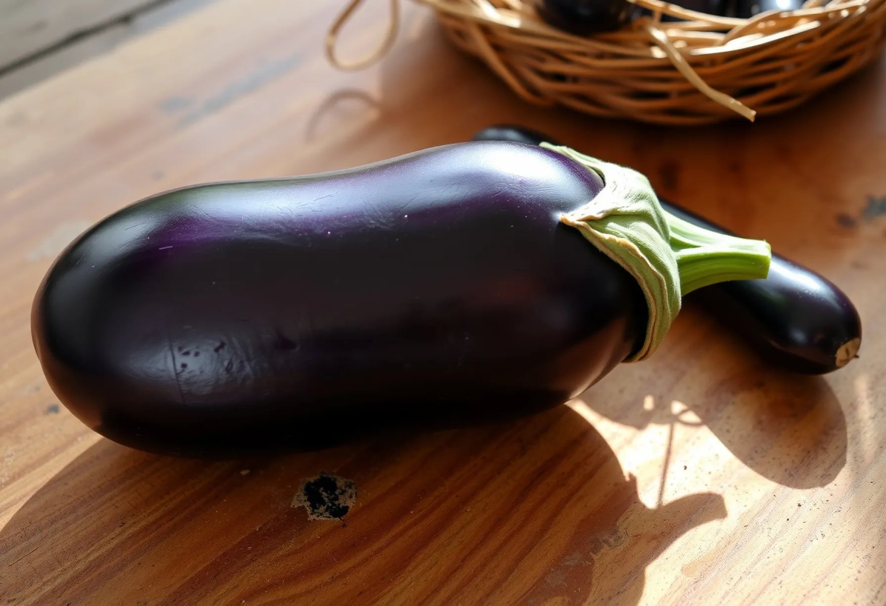 Einzelne Aubergine auf rustikaler Holzplatte mit sanftem Lichteinfall