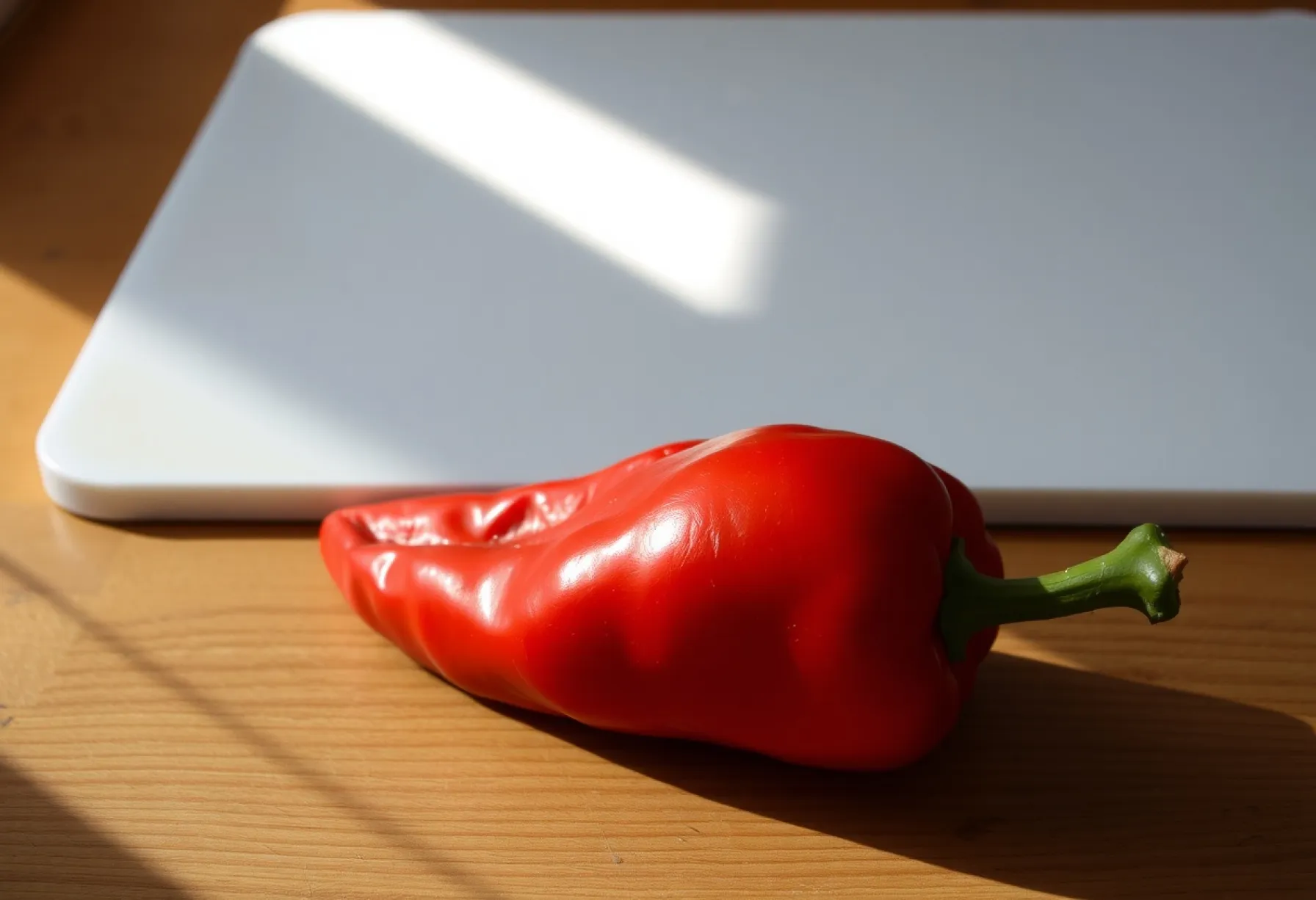 Foto einer roten Paprika auf einem hölzernen Küchentisch mit Sonnenlichteffekt