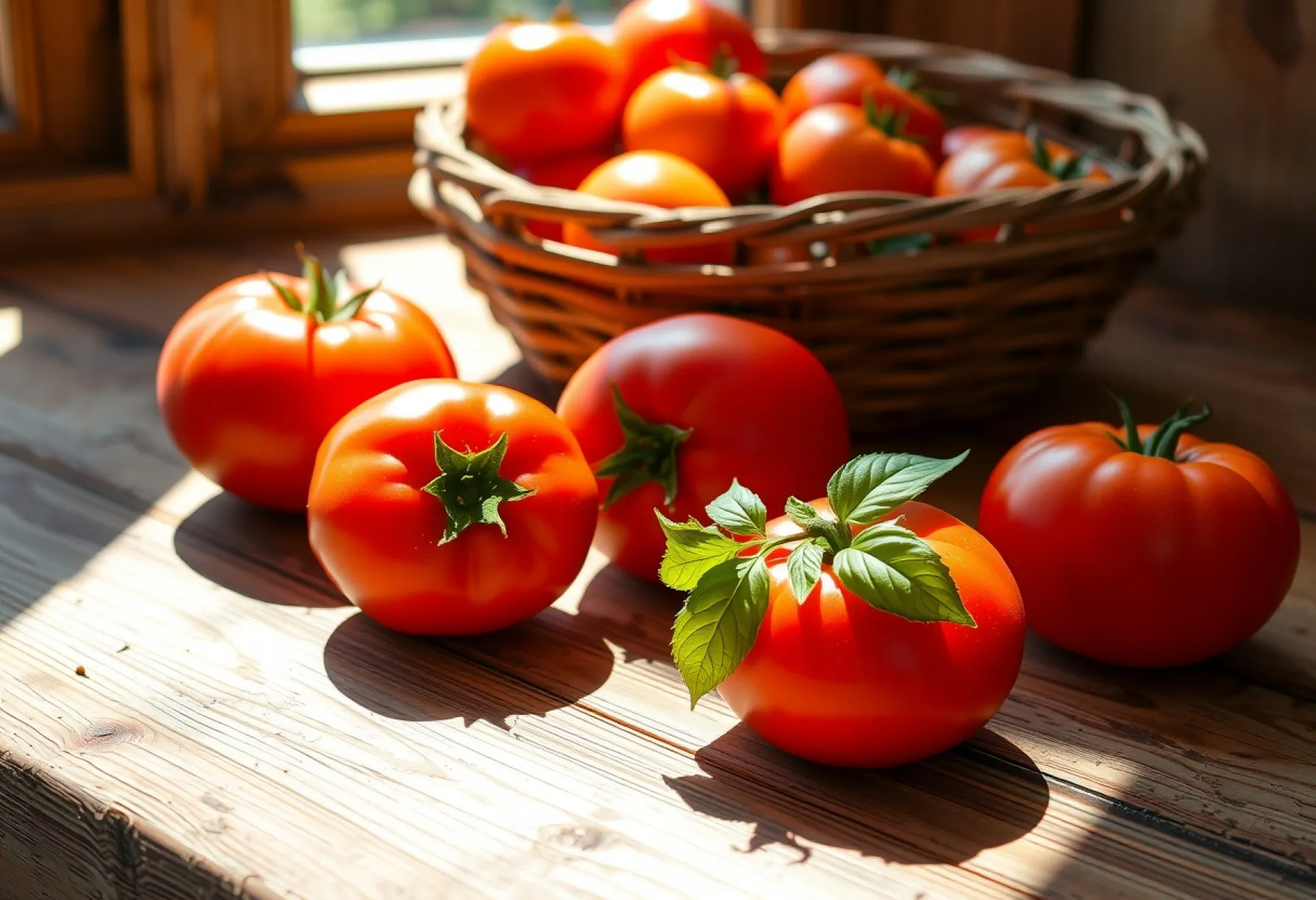Reife Tomaten auf Holztisch mit Basilikum und Sonnenlichtreflexionen