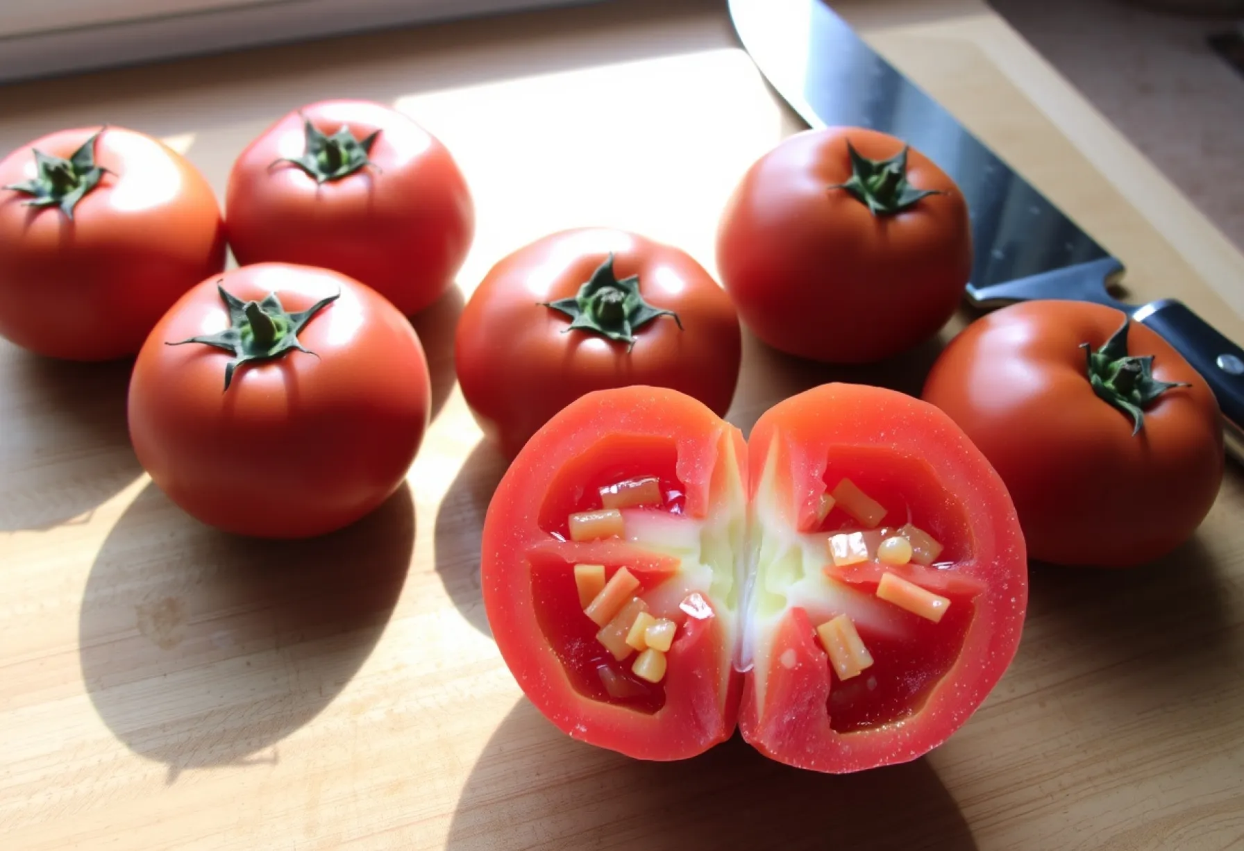 Reife Tomaten auf Schneidebrett mit Küchenmesser im Sonnenlicht
