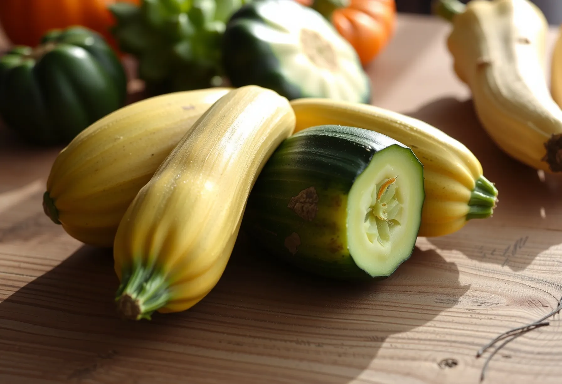 Frisch geerntete Zucchini auf einem Holztisch: Einblick in die Vielfalt und Frische der Landwirtschaft