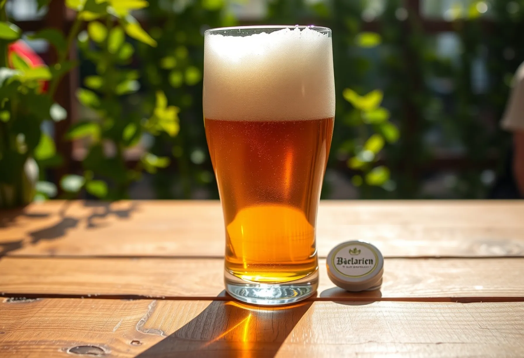Bierglas mit Schaumkronen in bayerischem Biergarten-Setting