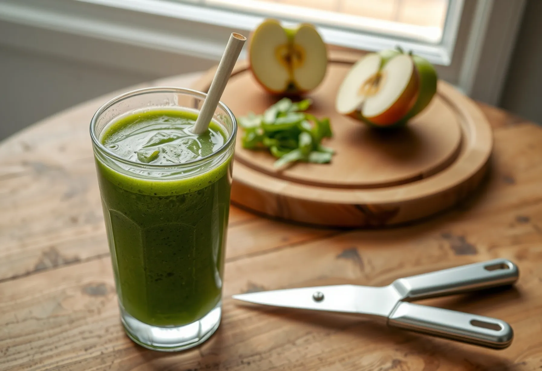 Grüner Smoothie mit Spinat und Apfel auf rustikalem Holztisch
